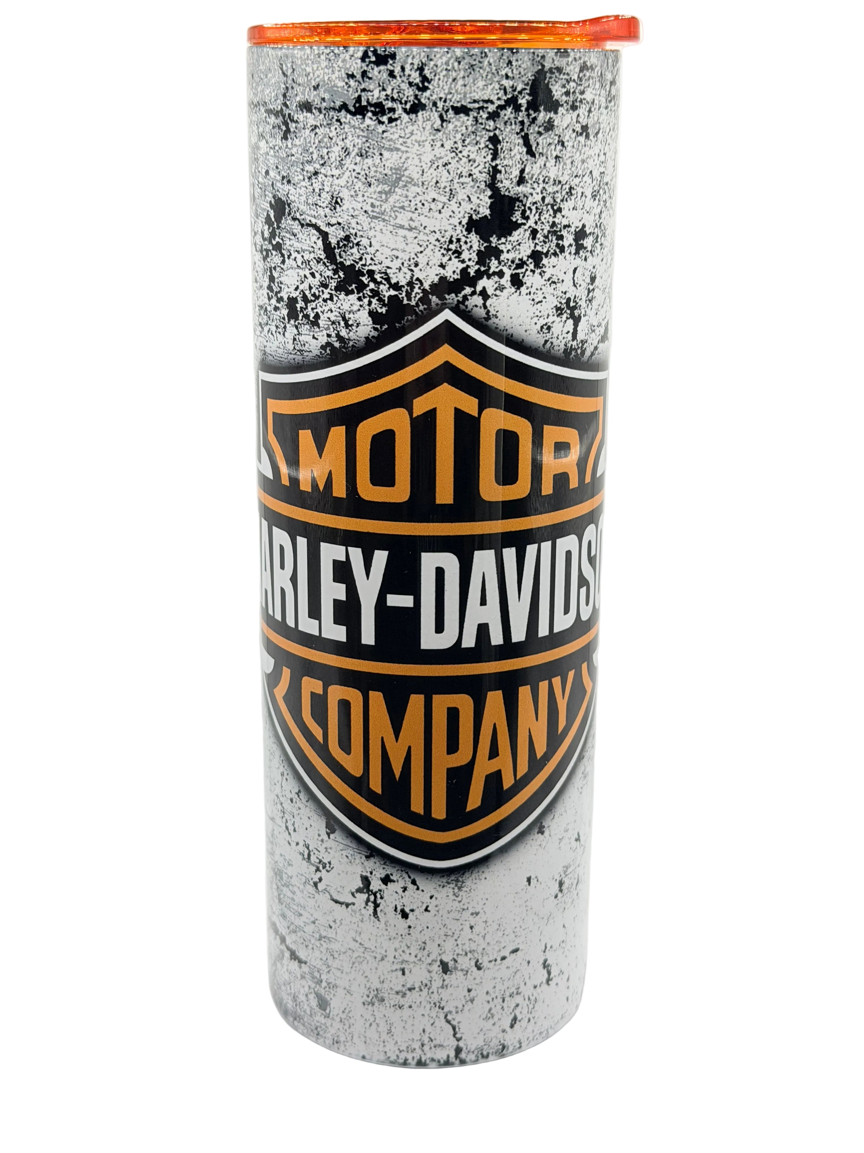 Harley Davidson stainless steel tumbler cup, orange lid, centered black-and-gold logo