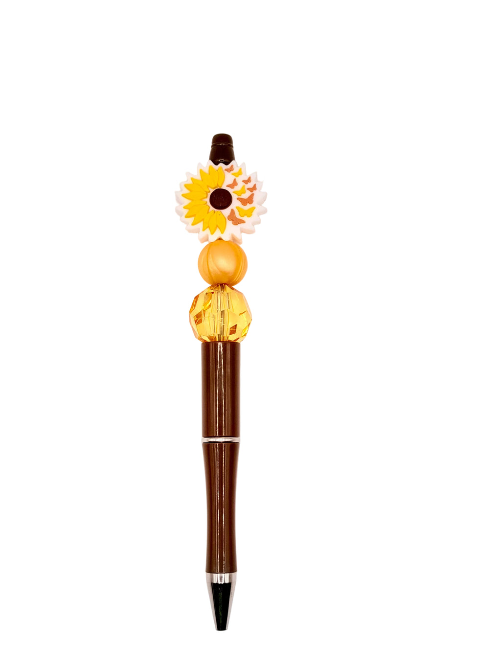 Sunflower pen with dark brown barrel, yellow-and-white flower cap, gold bead charm
