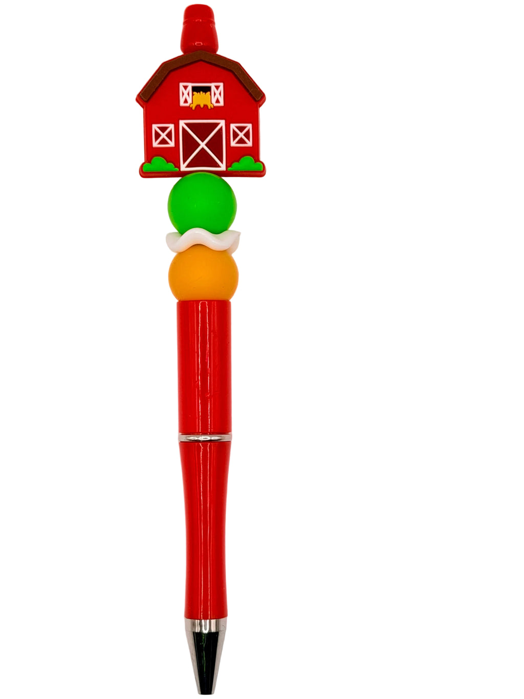 Close-up red novelty pen with barn top and green, orange, yellow stacked sections
