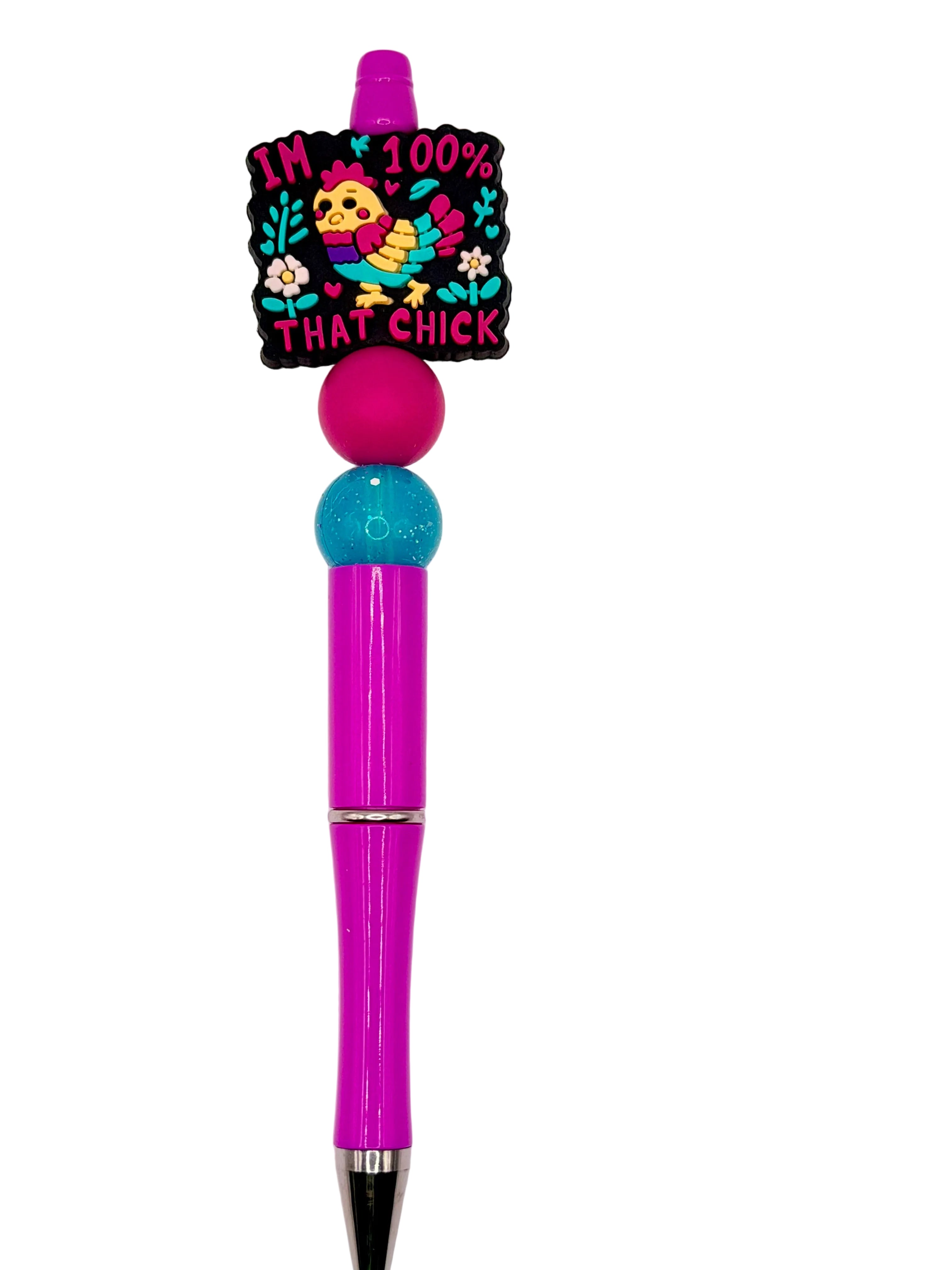 Chick-themed magenta ballpoint pen with teal and pink textured top beads