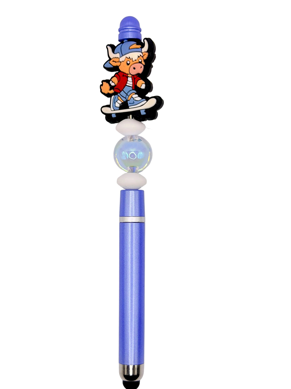 Blue skater cow pen with cartoon figure topper, clear round grip, black stylus tip