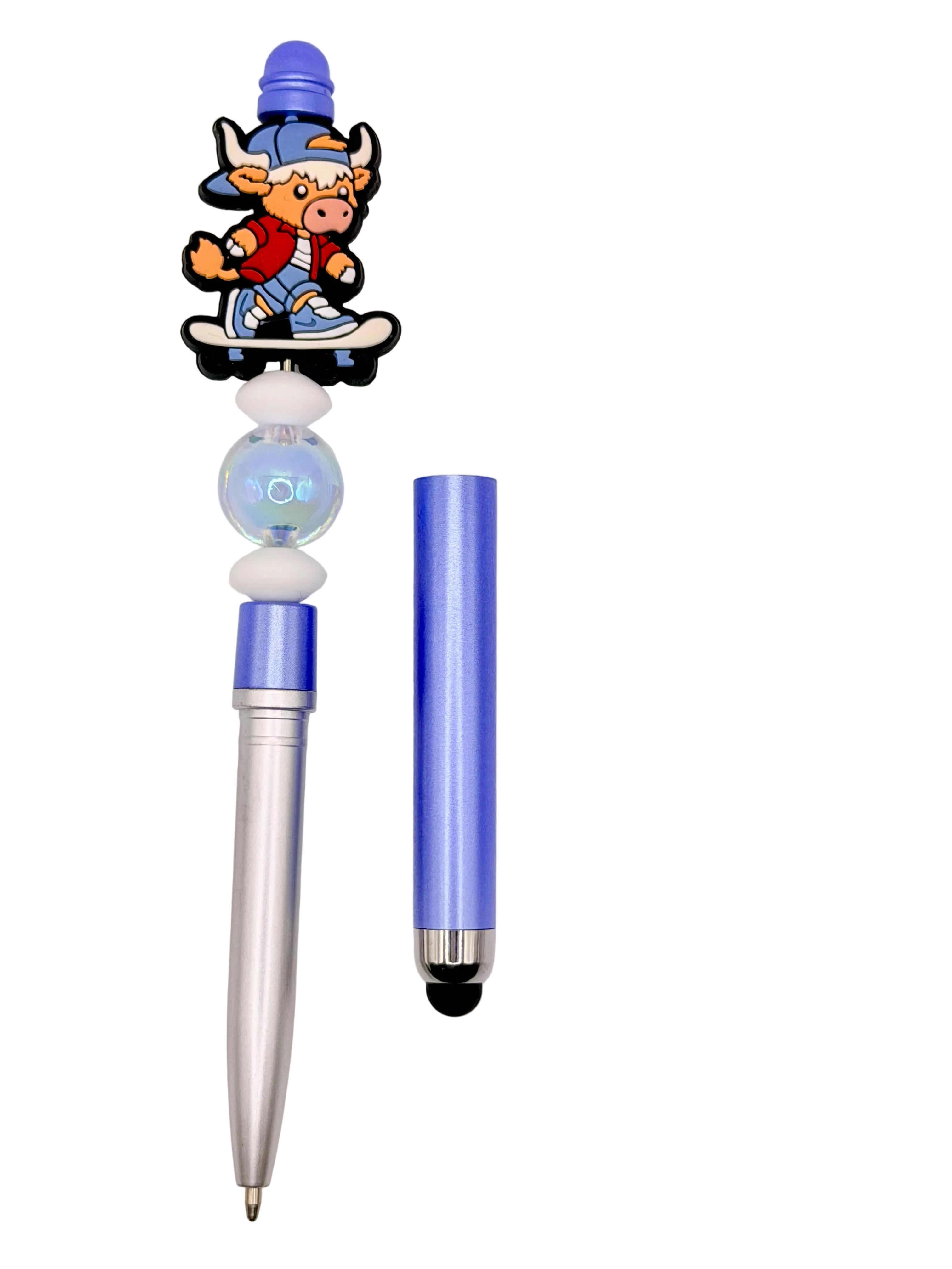 Skater cow pen/stylus set with blue and silver bodies, cartoon topper, clear round grip