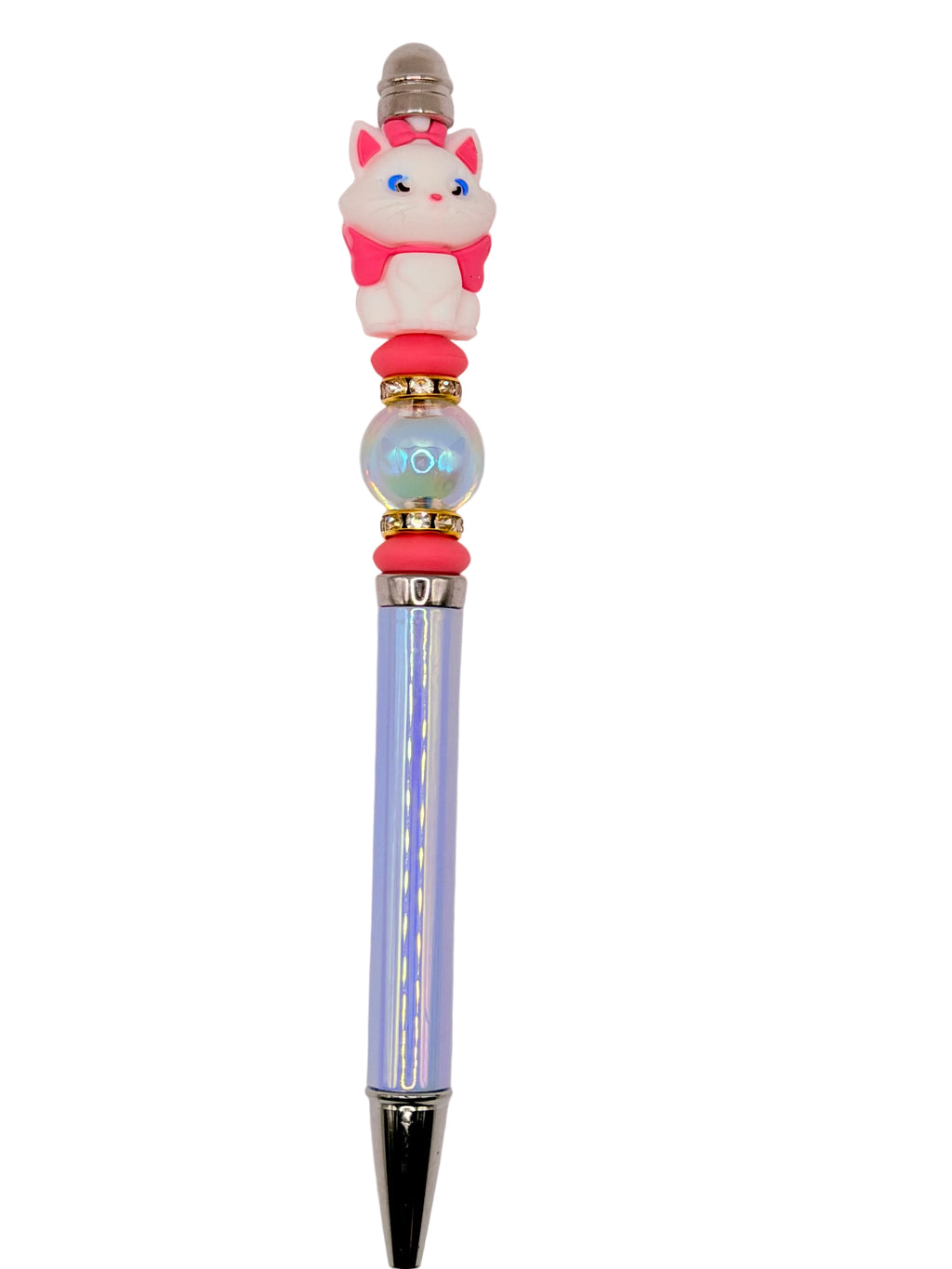 Cat pen with white cat topper, pink scarf, blue barrel and gold accents