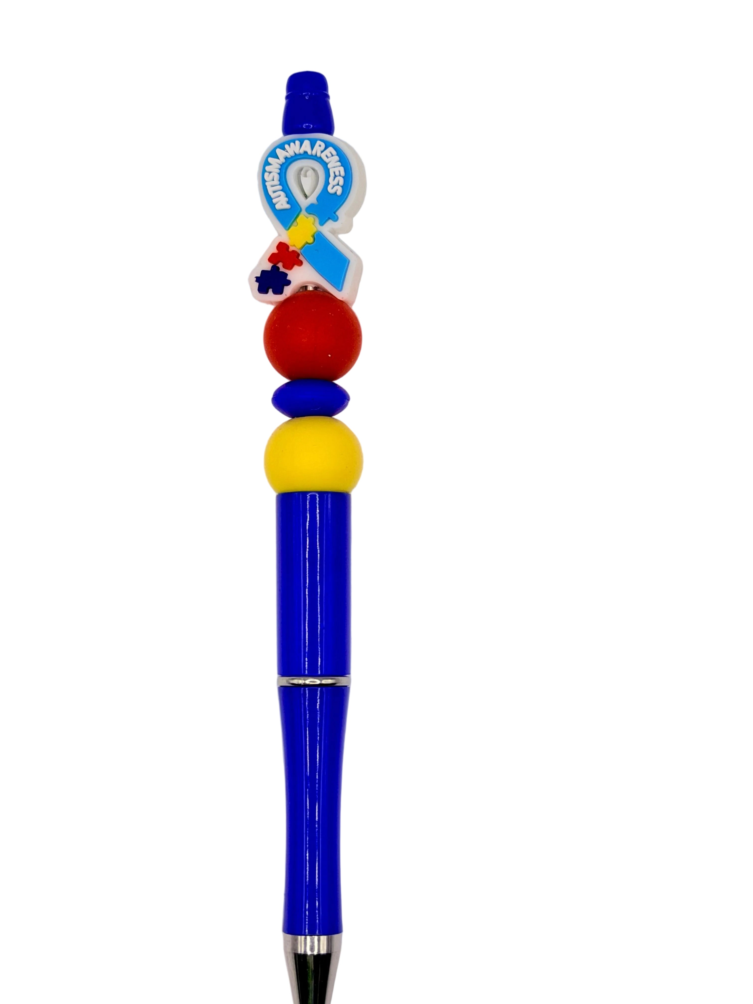 Blue autism awareness pen with puzzle-piece top and red, yellow bead segments