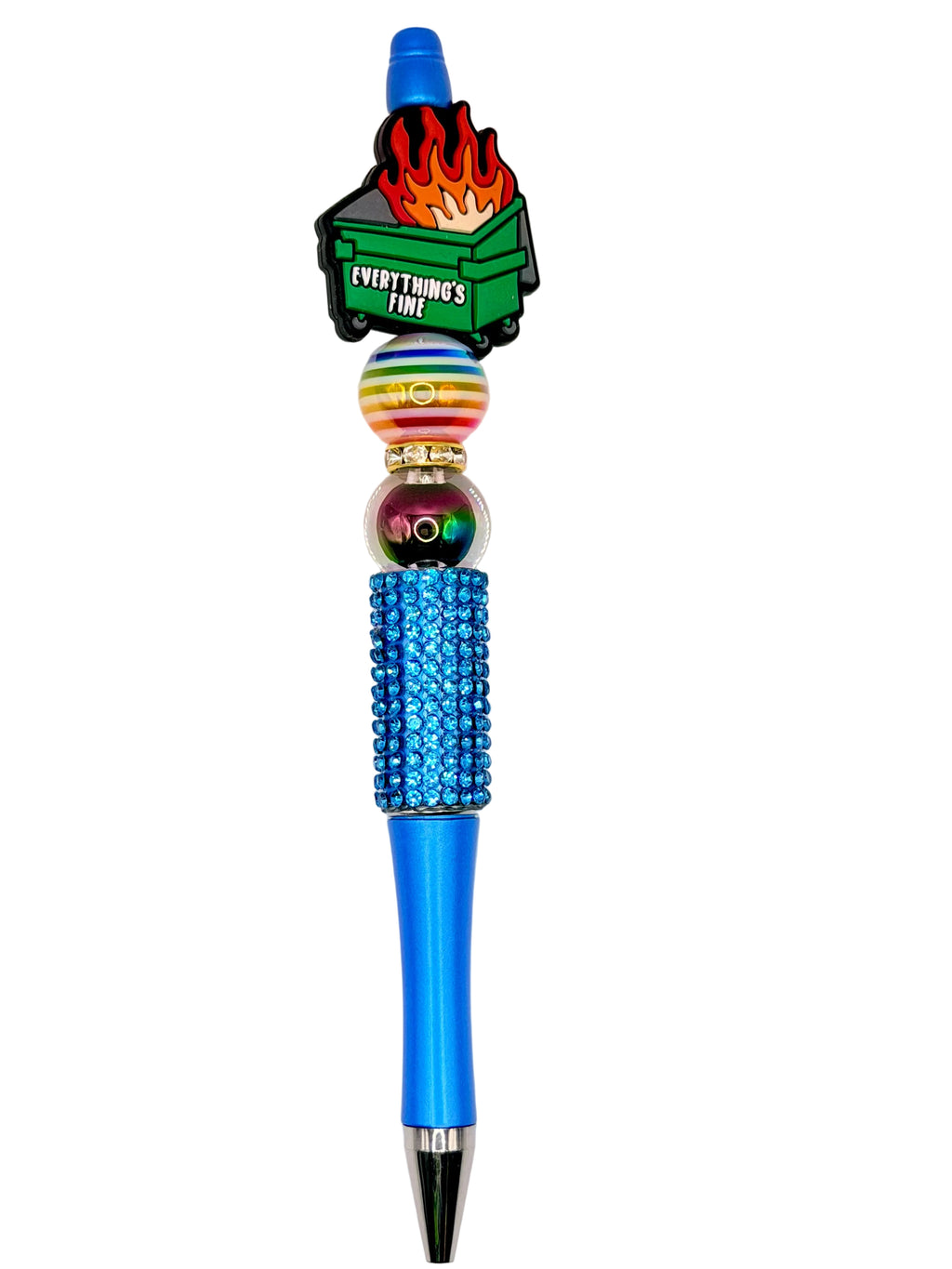 Blue decorative pen with glittery beaded barrel and flame cap 'Everything’s Fine'.