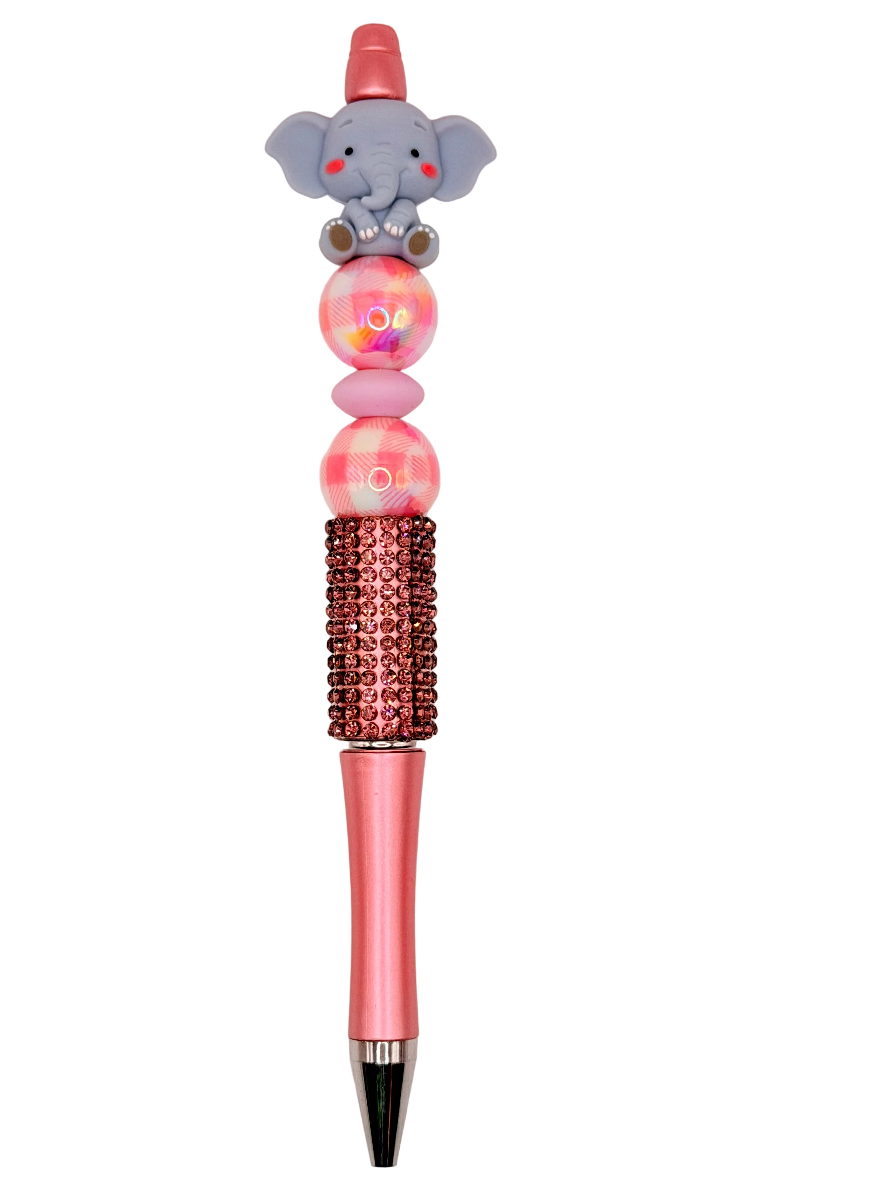 Pink elephant charm gel pen with rhinestone grip and bead accents