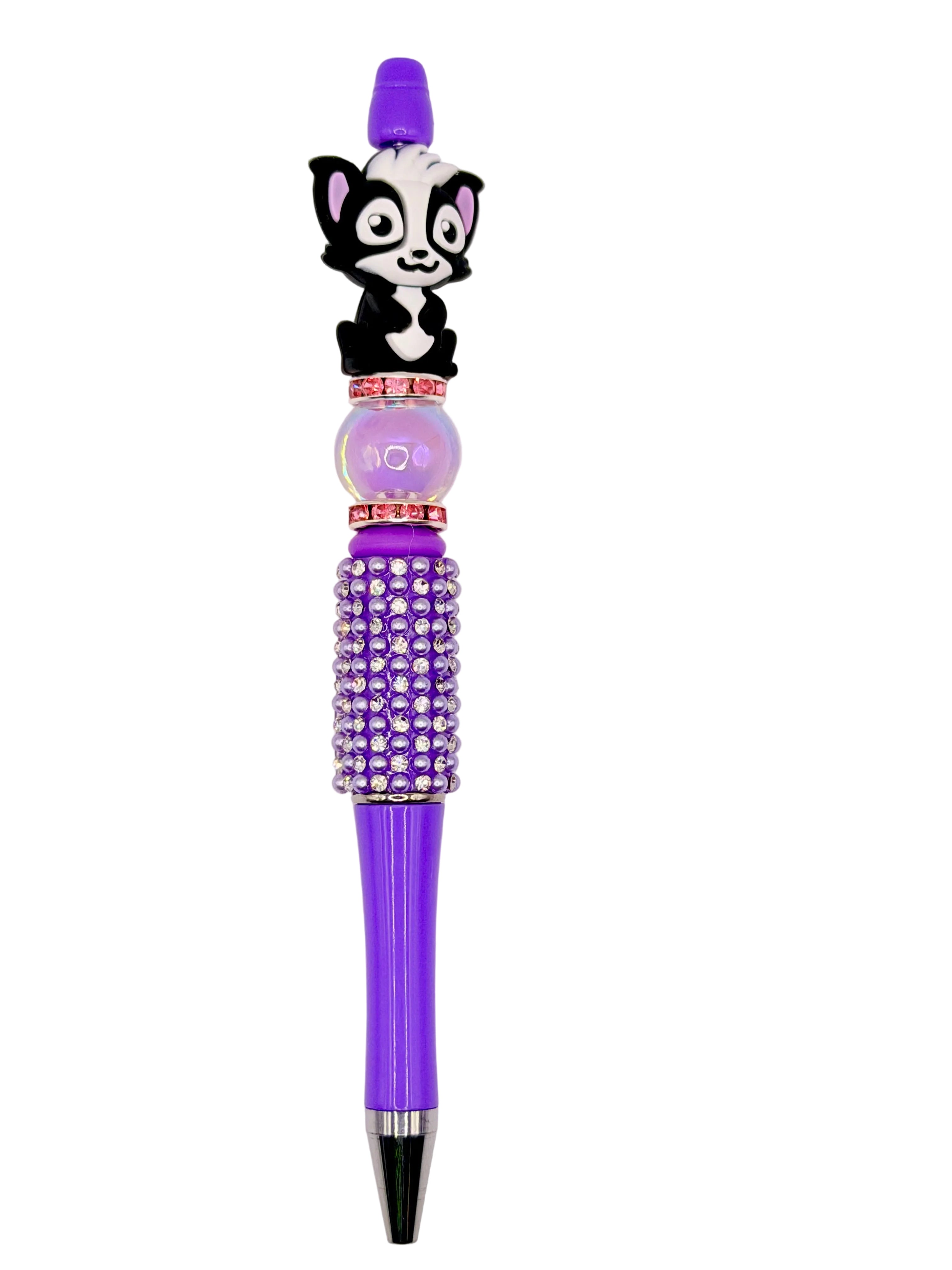 Purple novelty pen with cartoon panda topper and crystal beaded barrel