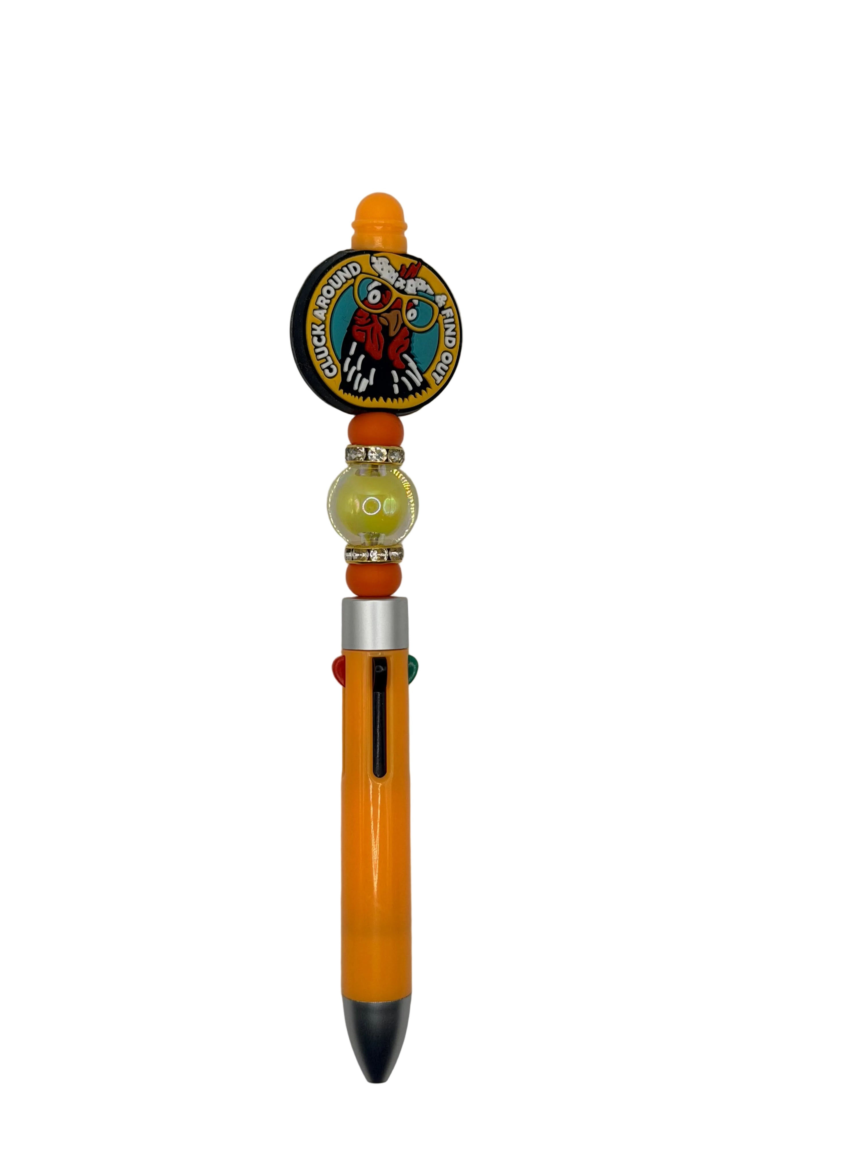Orange novelty pen with round chick badge topper, bead accents, and black tip