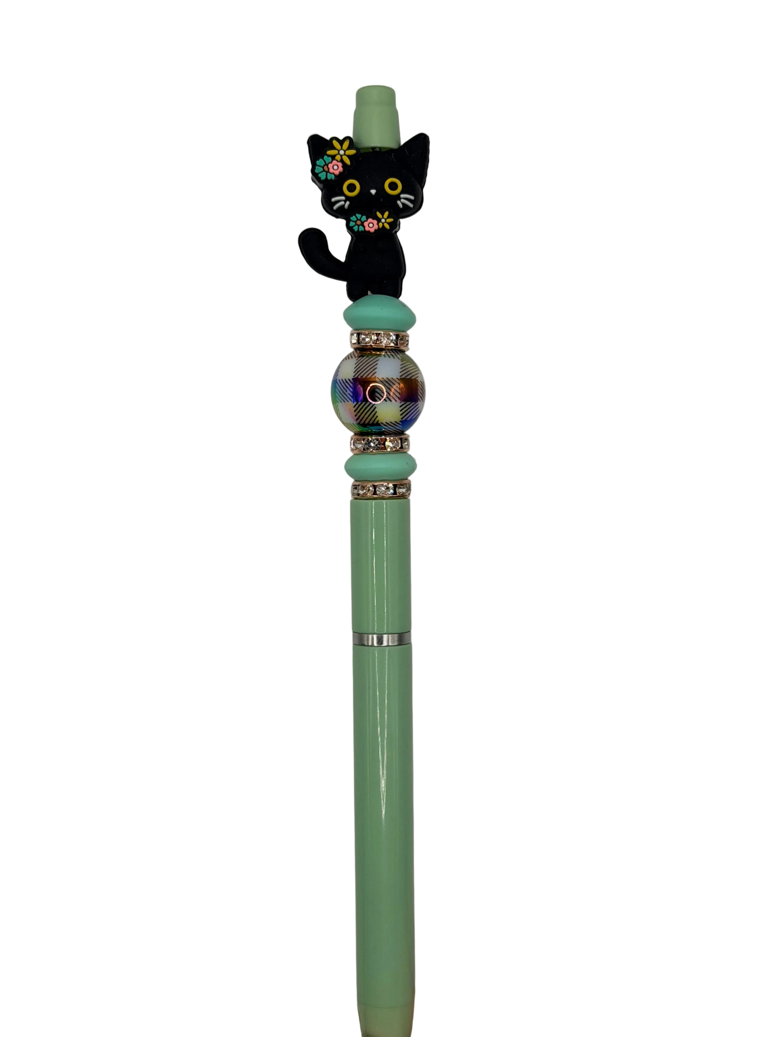 Green novelty pen with black cat topper and multicolor bead grip, silver tip