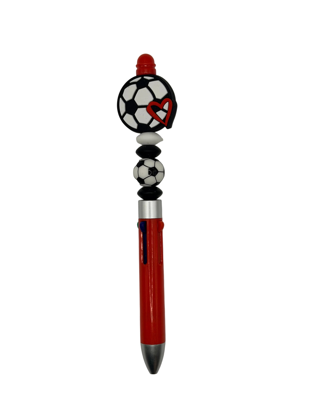 Red soccer pen with black-and-white soccer-ball ornament and red heart, silver clip.