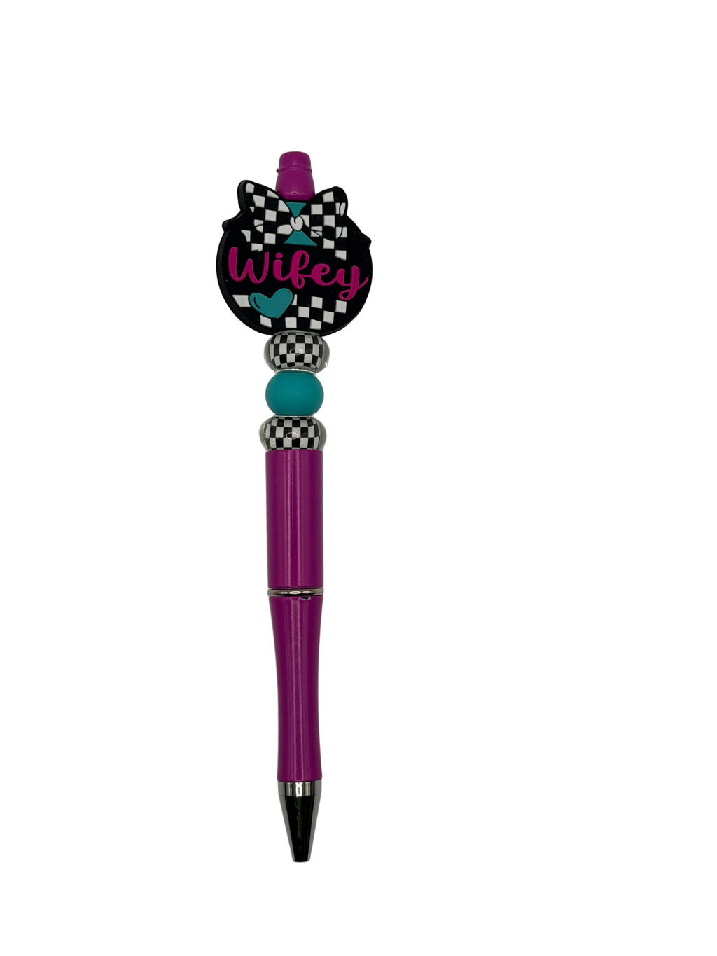 Purple ballpoint pen with checkered rings, teal beads, and Wifey topper