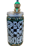 Glitter snow globe coffee cup with clear lid, teal straw, bear figurine topper