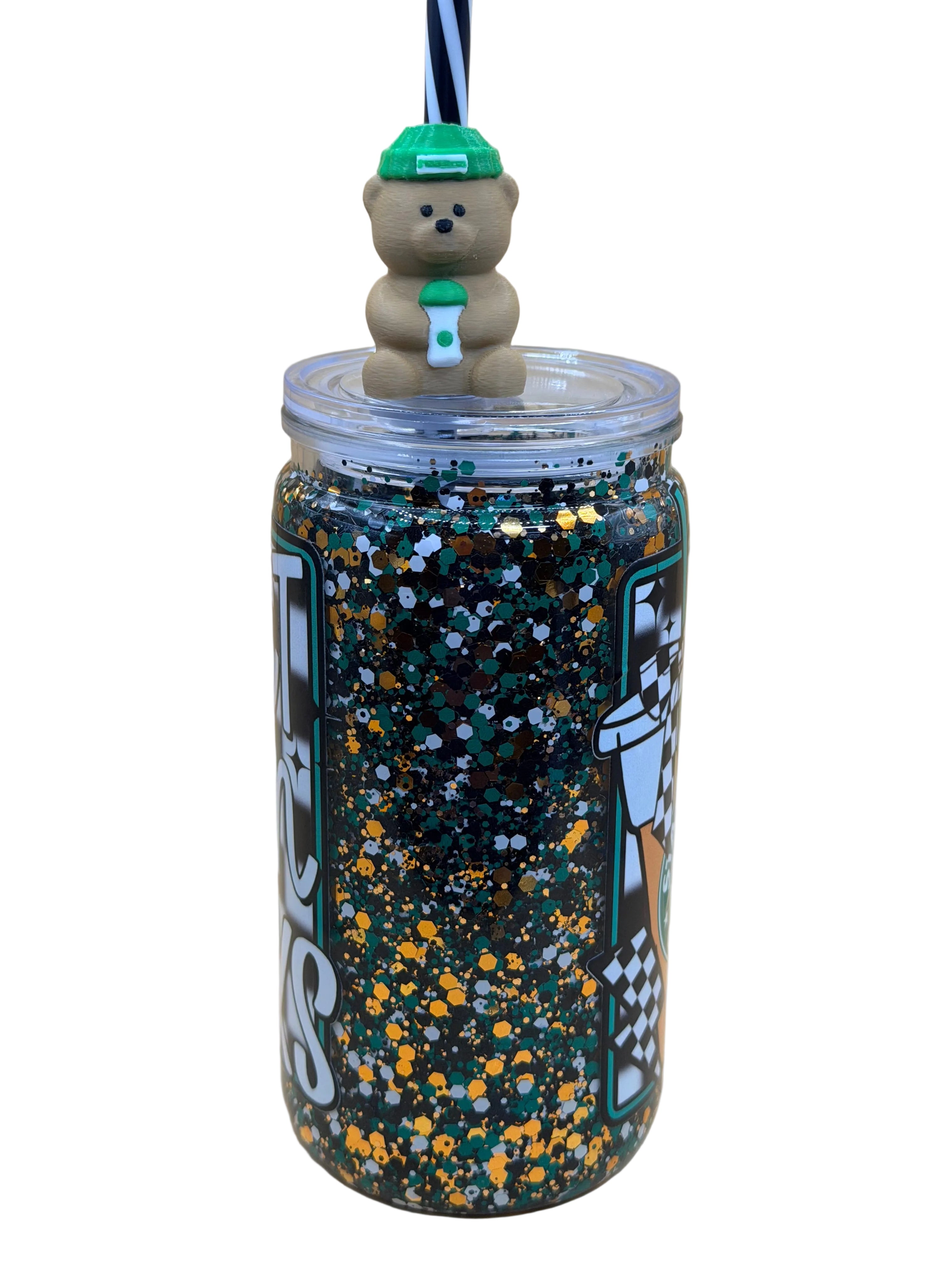 Glitter snow globe cup with clear lid, teal straw, bear topper, colorful glitter finish