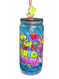Blue acrylic drip cup with colorful character graphics, clear lid, red-white straw