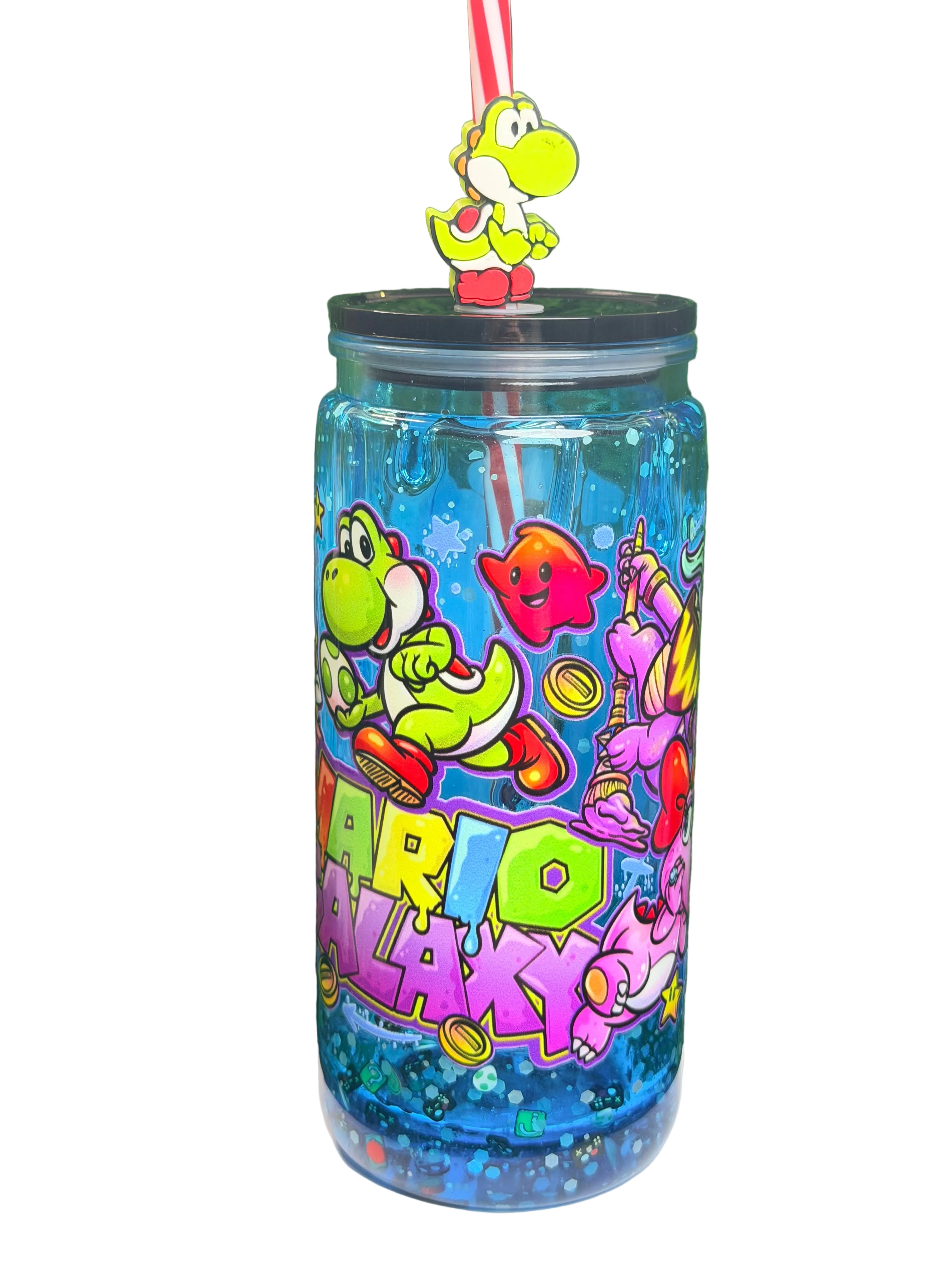 Blue acrylic drip cup with colorful character graphics, clear lid, red-white straw