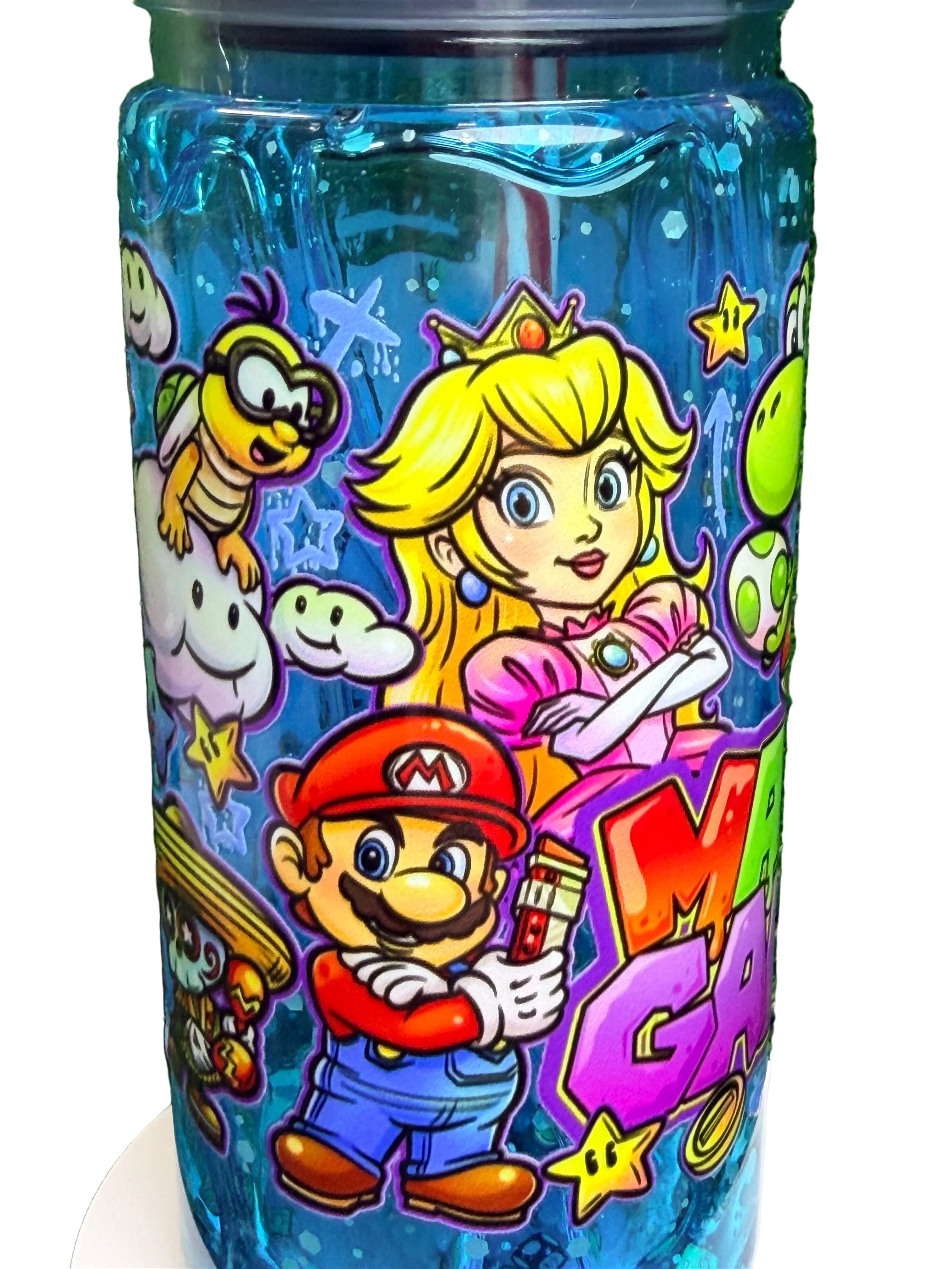 Blue acrylic drip cup with Mario and Luigi cartoon artwork, clear lid