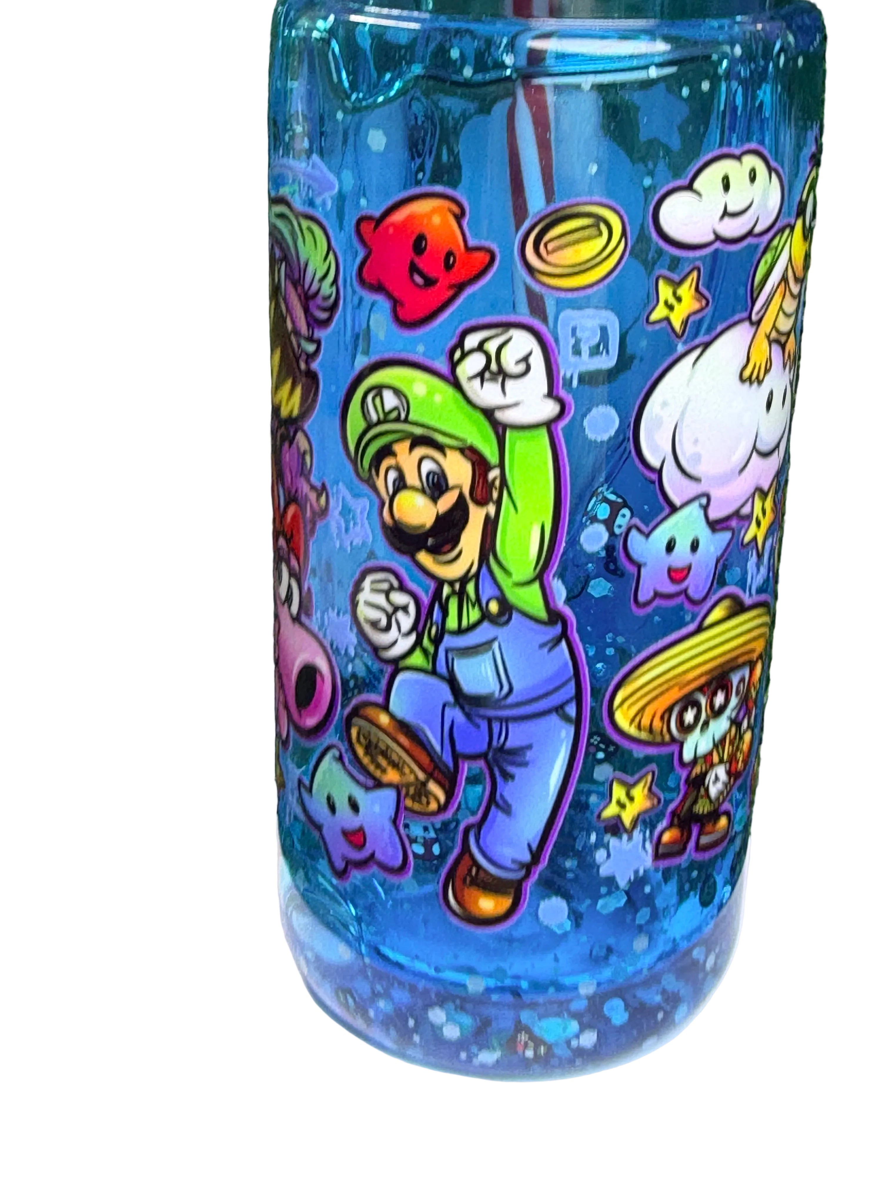 Blue acrylic drip cup with Mario-themed characters and star accents, no lid shown