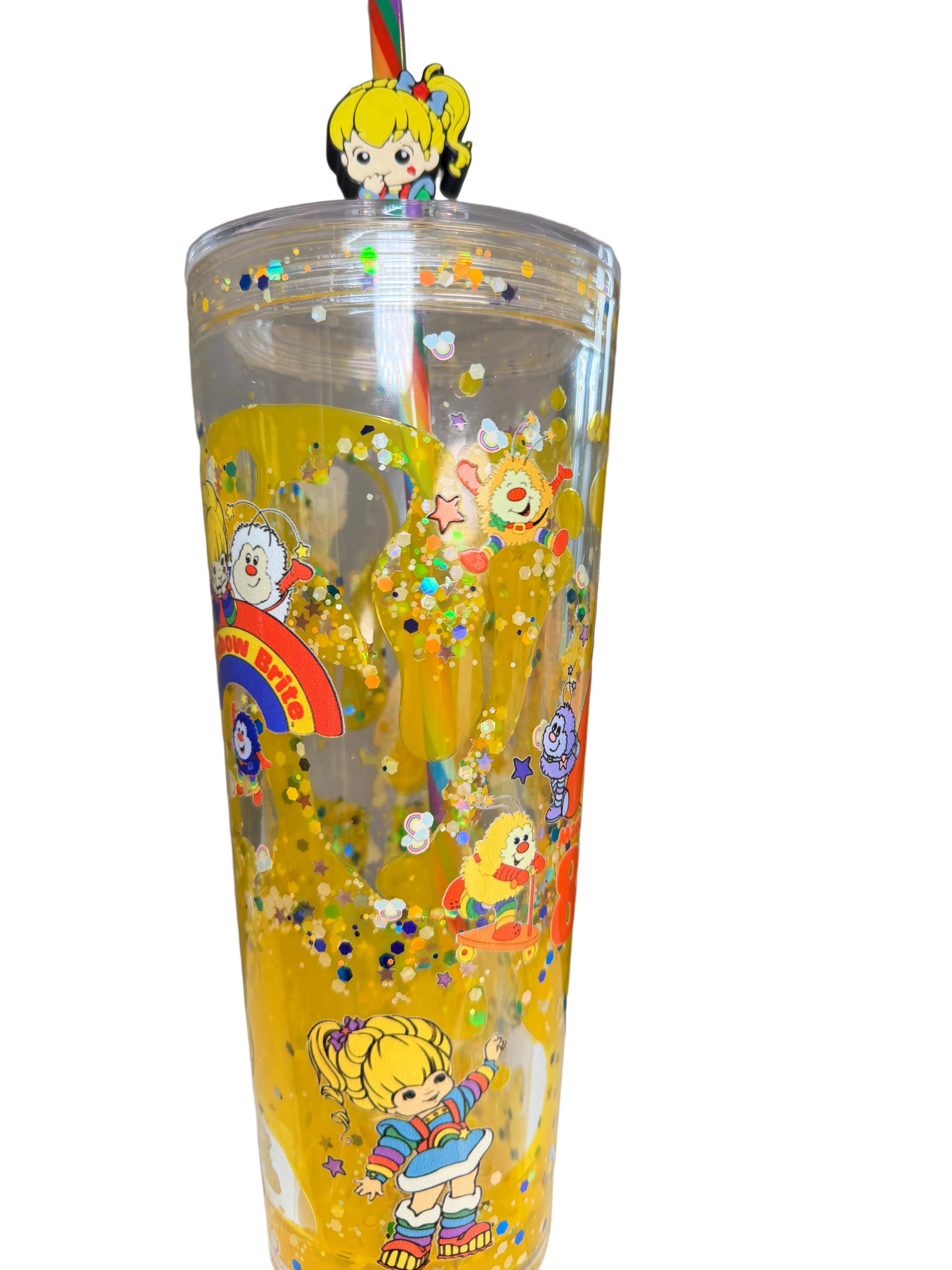 Lava snow globe tumbler, yellow glitter inside, Rainbow Brite character print, rainbow straw