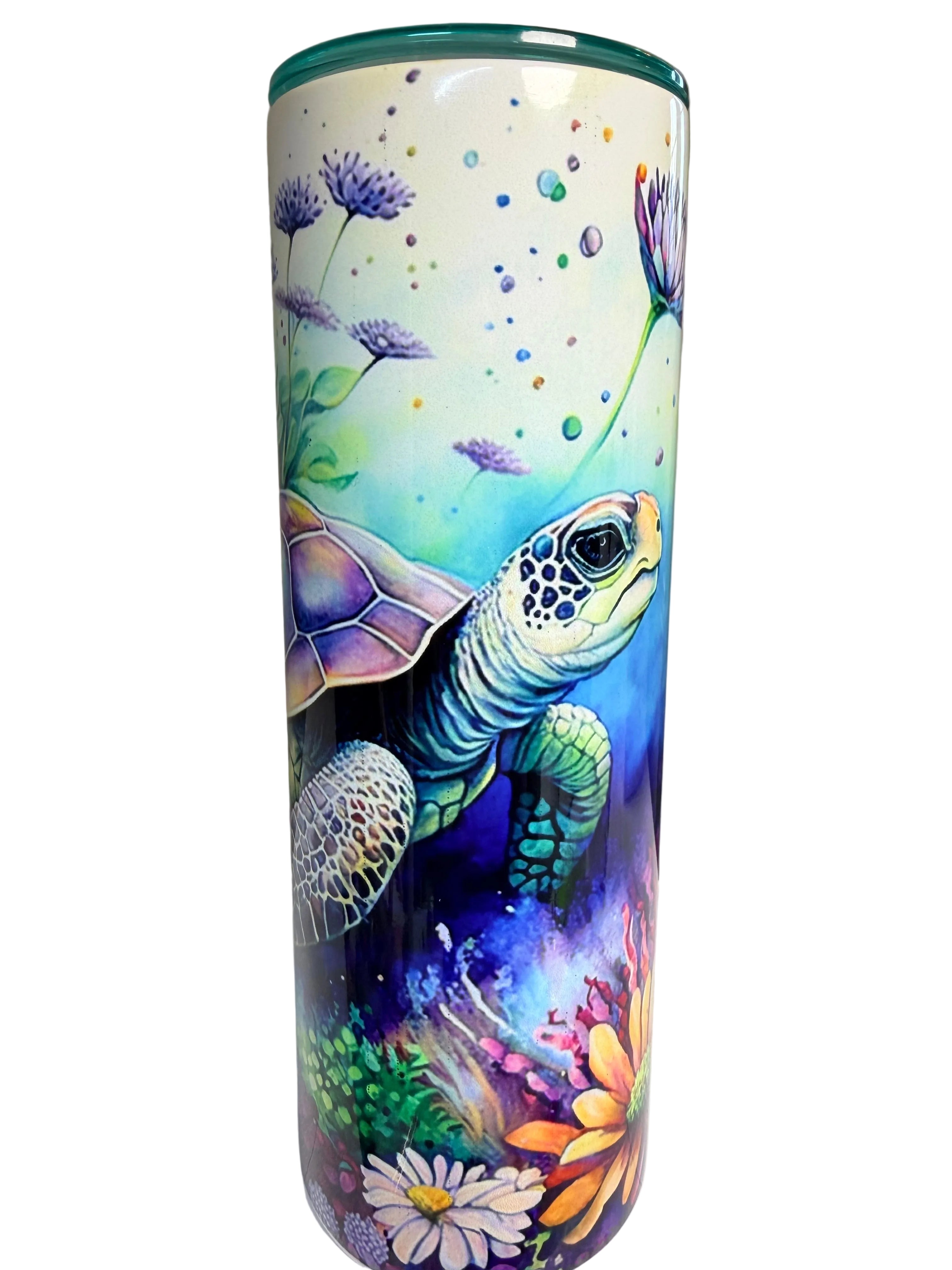 Stainless steel sea turtle cup with large turtle graphic and green rim lid