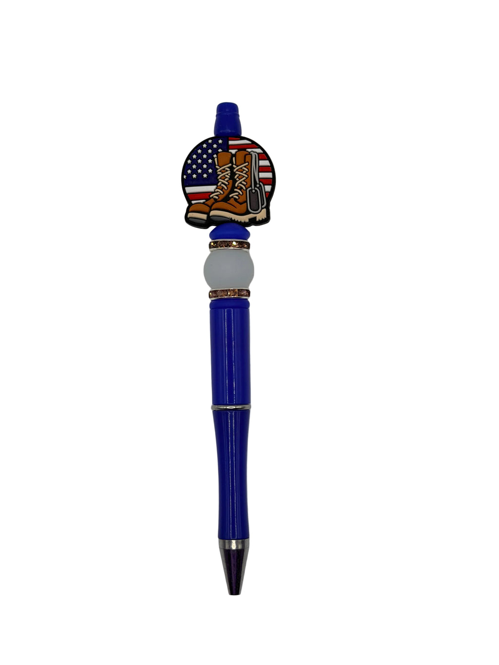 Beaded boot tip pen with blue barrel and multicolor boot ornament