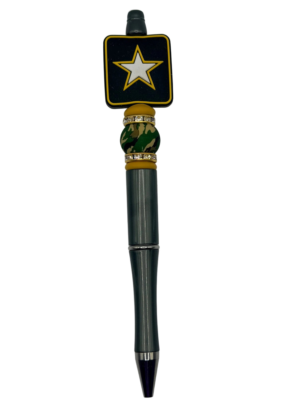 Army star beaded pen with black cap and gold-tone beaded band