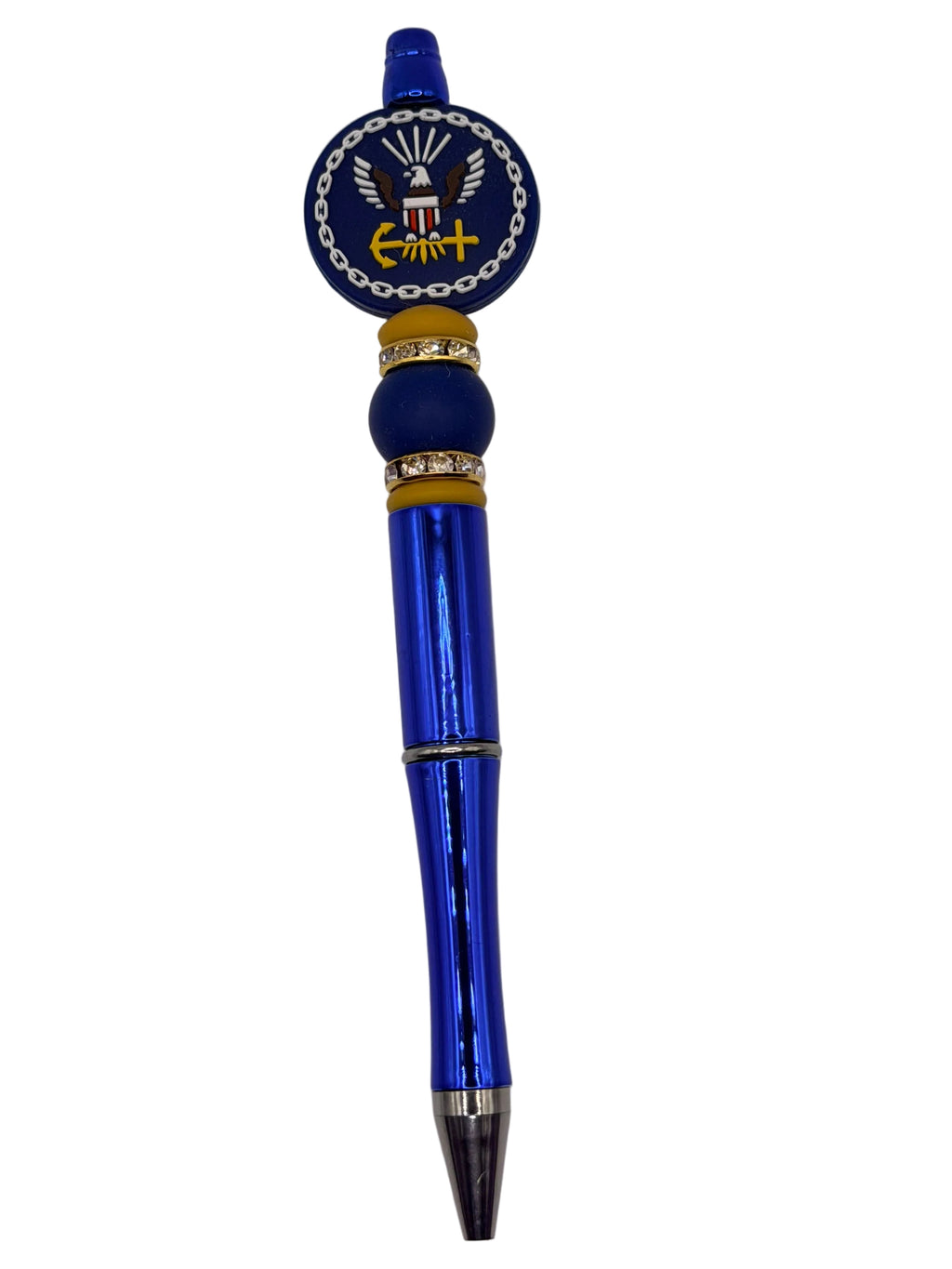 Blue beaded military emblem pen with gold caps and dark blue segments