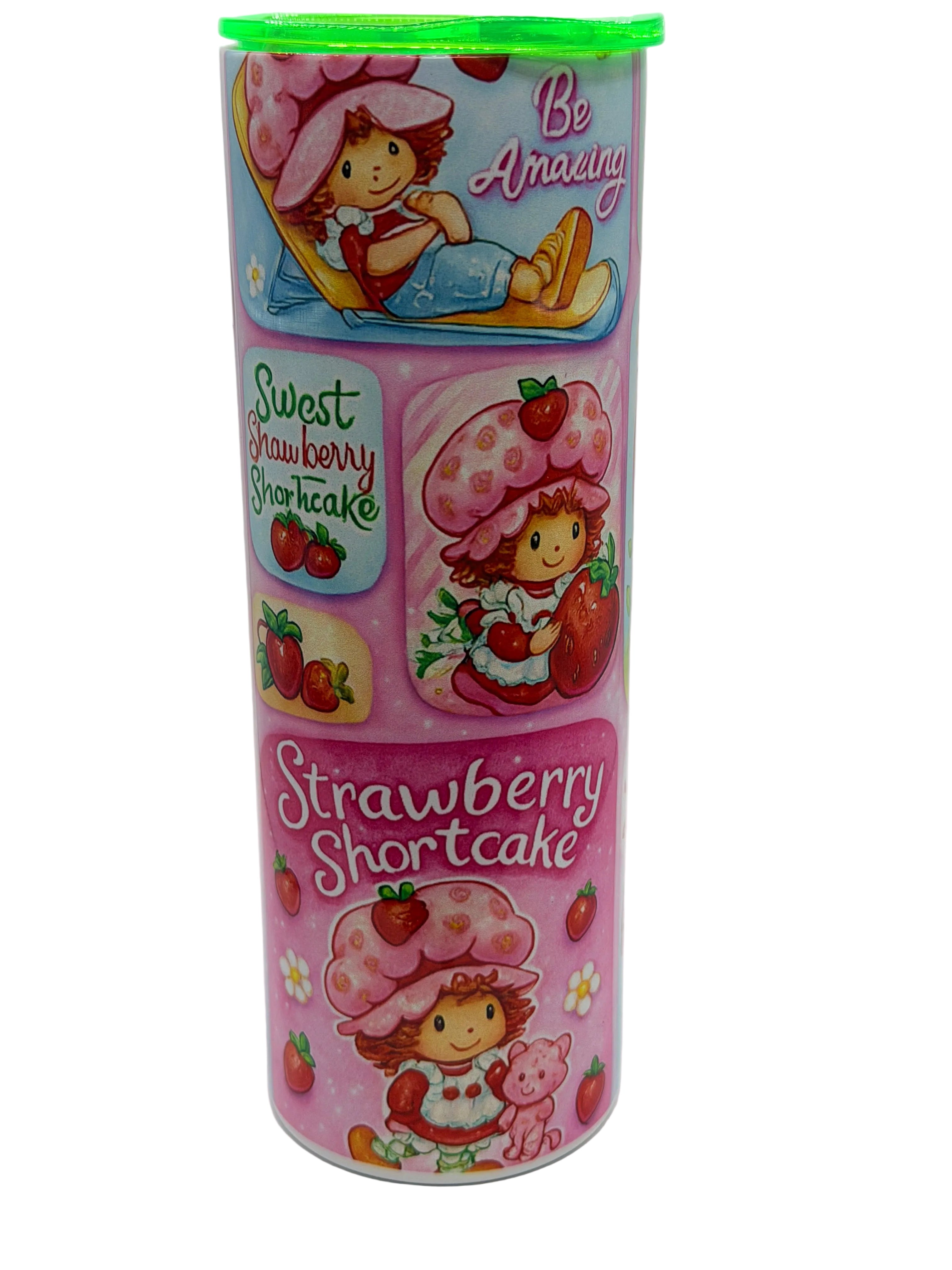 20 oz stainless steel tumbler, green lid; Strawberry Shortcake-themed wrap
