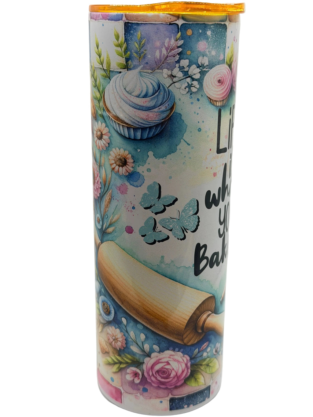 Baking-themed stainless steel tumbler with colorful floral cupcake illustration