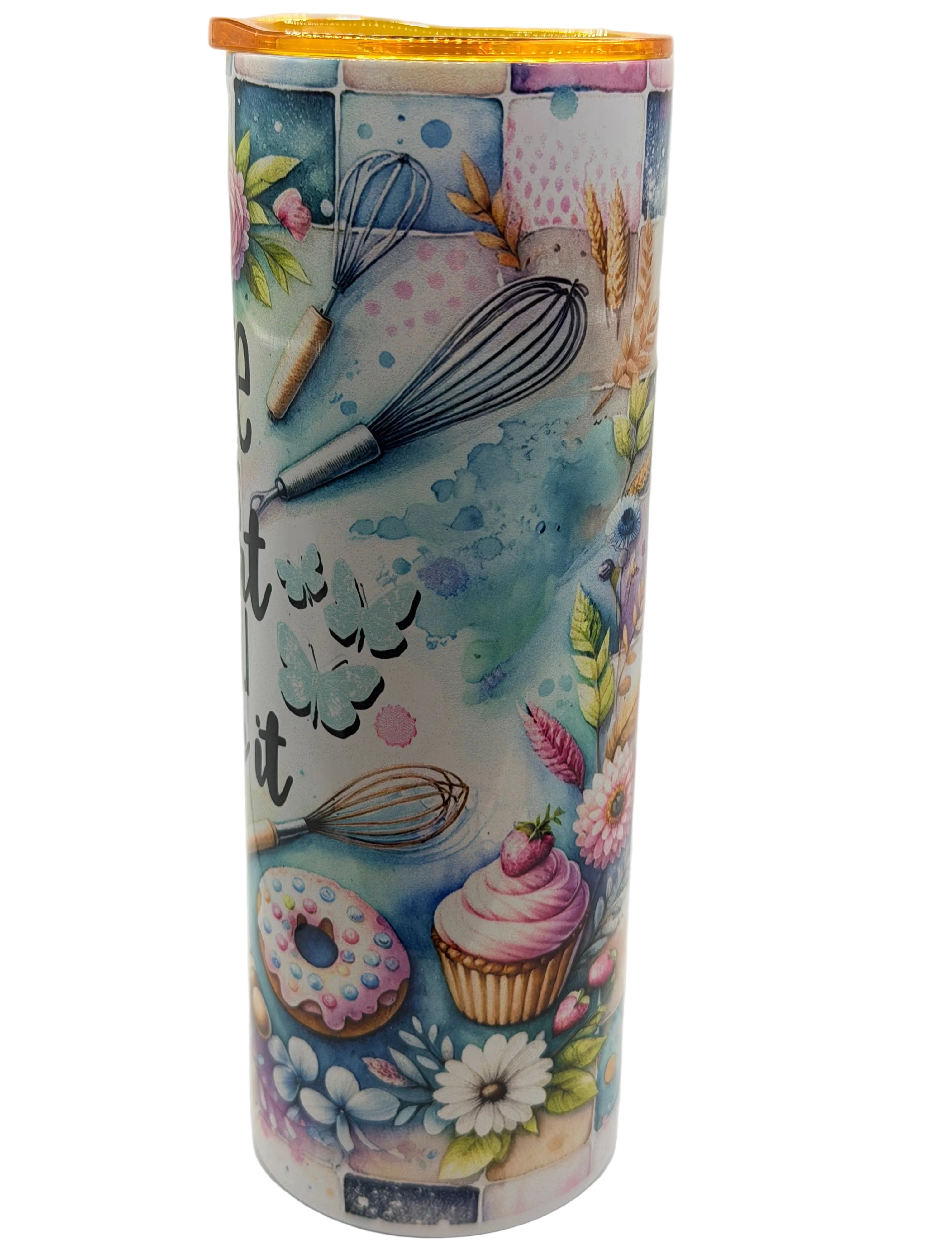 Baking-themed stainless steel tumbler with pastry and floral illustrated pattern
