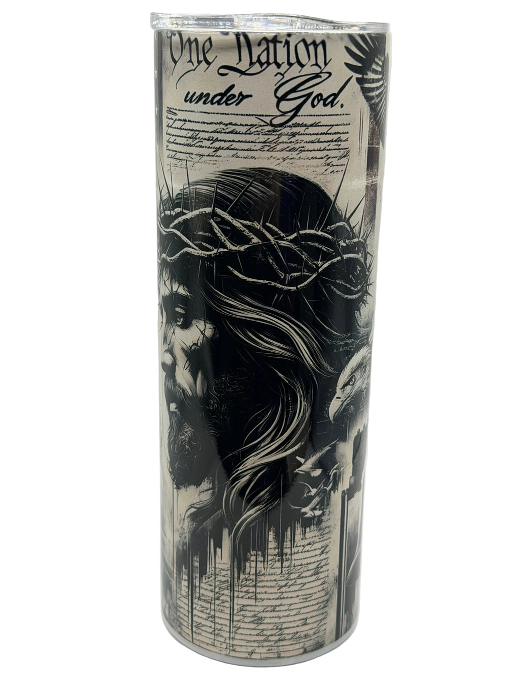 20-ounce stainless steel tumbler with black-and-cream portrait and patriotic text graphic