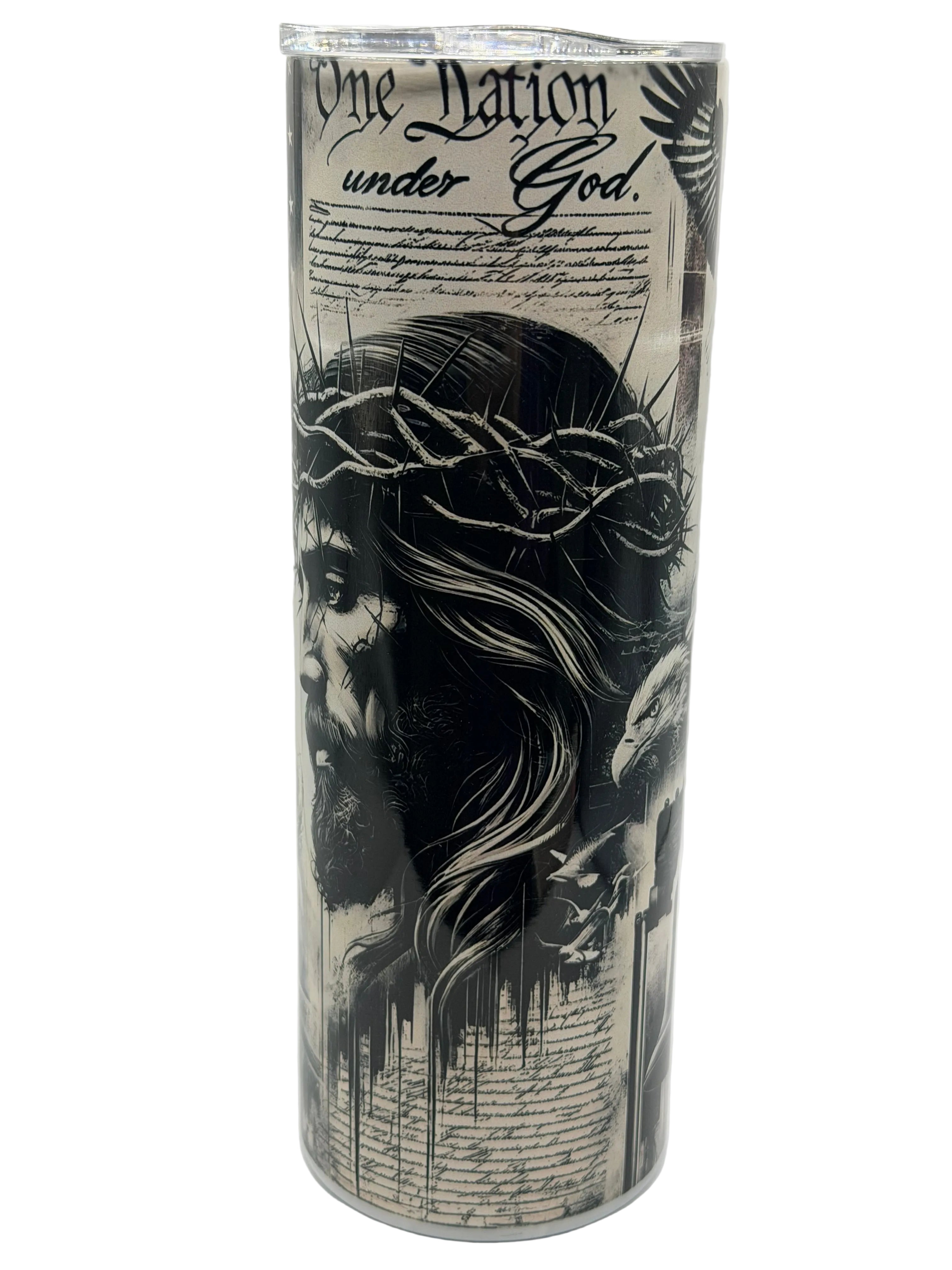 20-ounce stainless steel tumbler with black-and-cream portrait and patriotic text graphic
