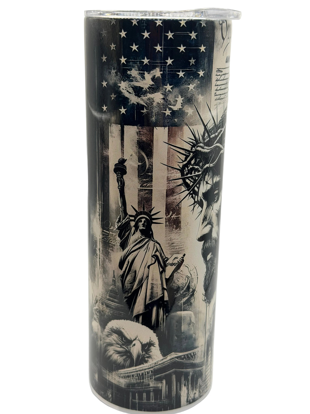 20-ounce stainless steel tumbler with Statue of Liberty and starry patriotic design