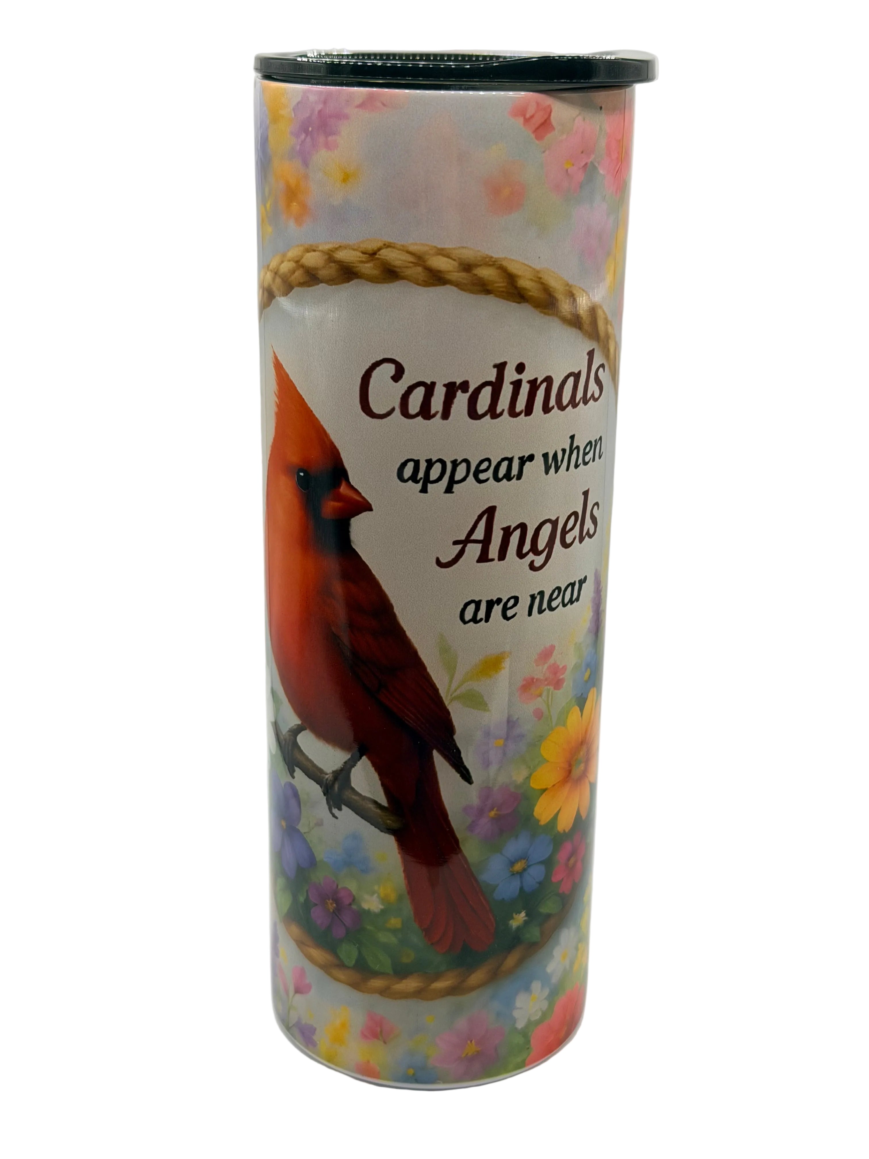 Stainless steel tumbler with black lid, cardinal portrait and floral quote
