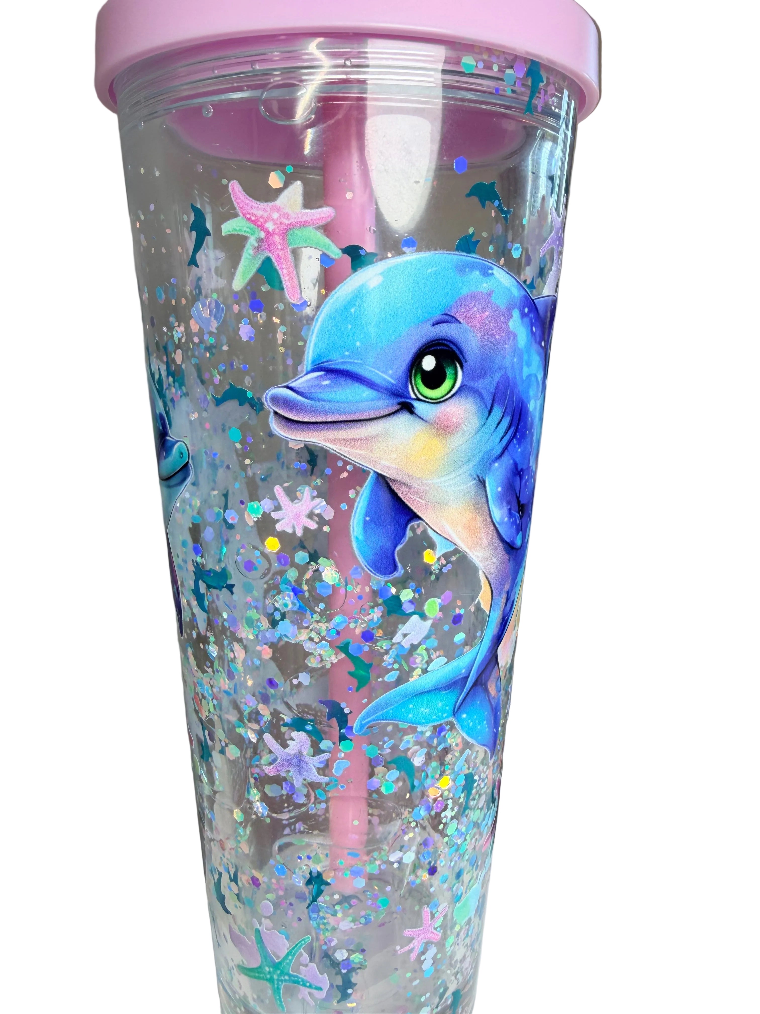 24 oz tapered glitter tumbler with pink lid and ocean animal graphic