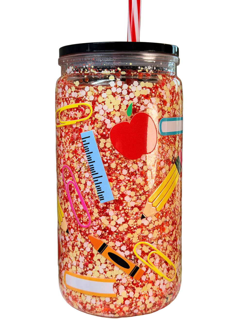 Glitter acrylic snow globe cup with black lid and red striped straw, teacher design