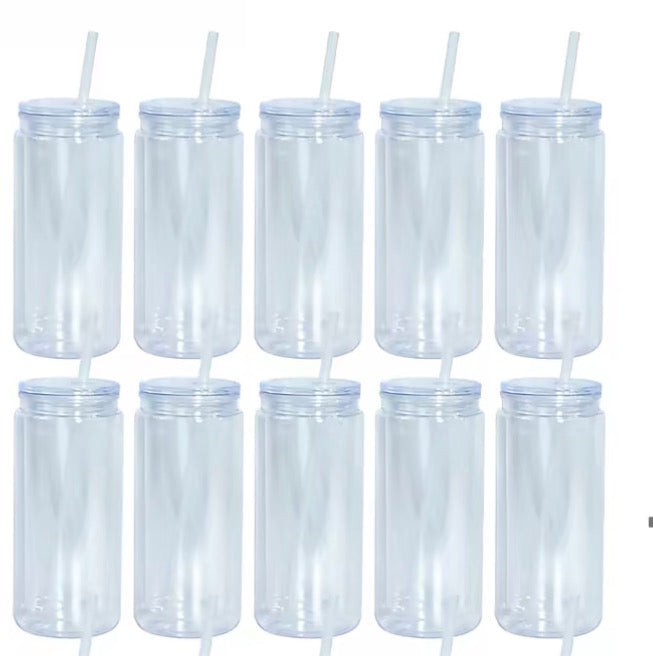 Set of clear blank tumblers with white straws