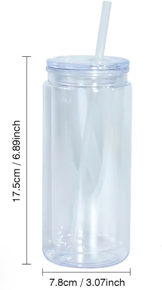 Clear plastic tumbler with straw, 7.8 cm diameter and 17.75 cm height