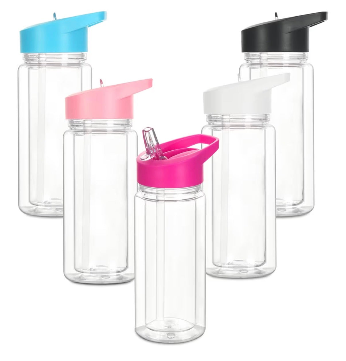 Clear custom tumblers with bright pink and blue flip-top lids and straws