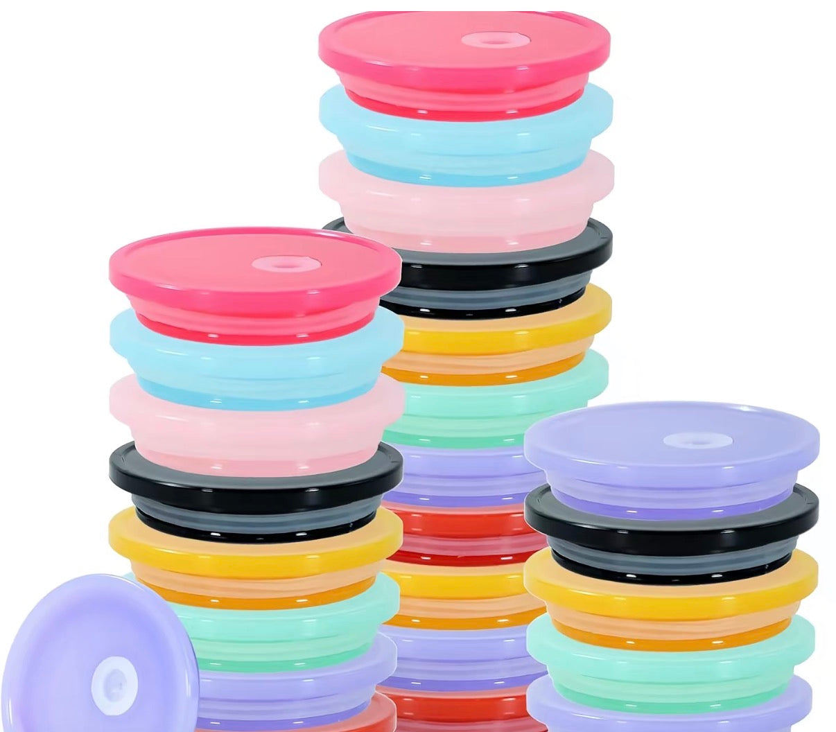 Color lid add-on, stack of assorted pastel and bright container lids with rims