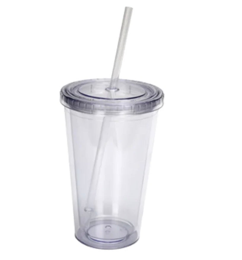 Clear plastic tumbler with straw and gray lid