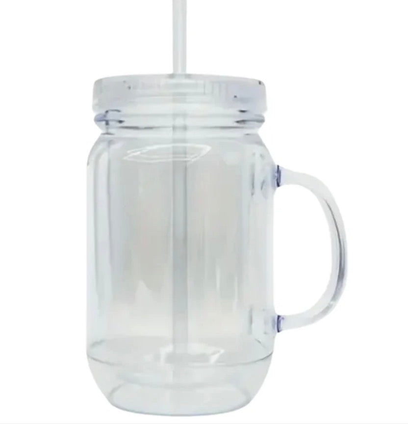 Clear jar-style tumbler with handle and straw