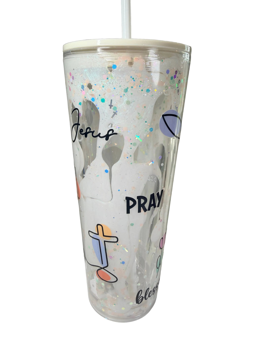 Clear acrylic lava tumbler with glitter speckles, cross decals, and 'Pray' text