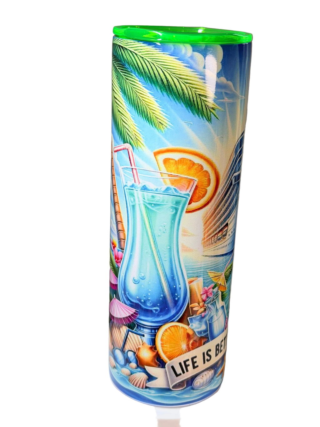 20 oz stainless steel tumbler with green lid, blue tropical graphic with iced drink and citrus