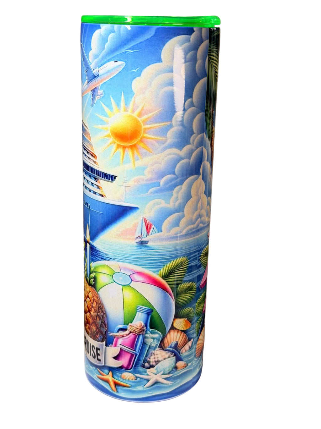 20 oz stainless steel tumbler with green lid, blue tropical cruise design, sailboat