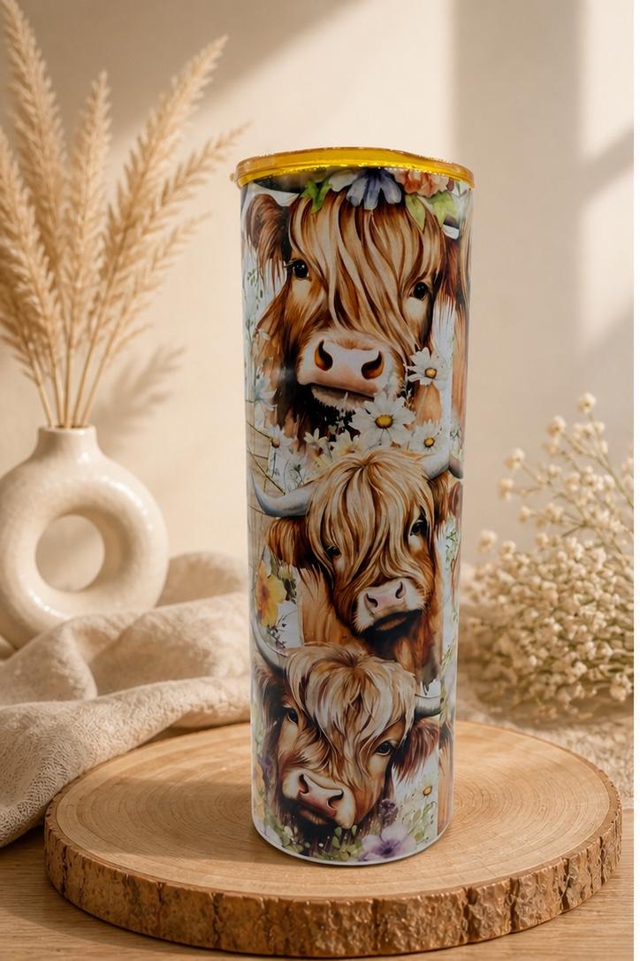 Stainless steel tumbler with highland cow floral print and yellow lid