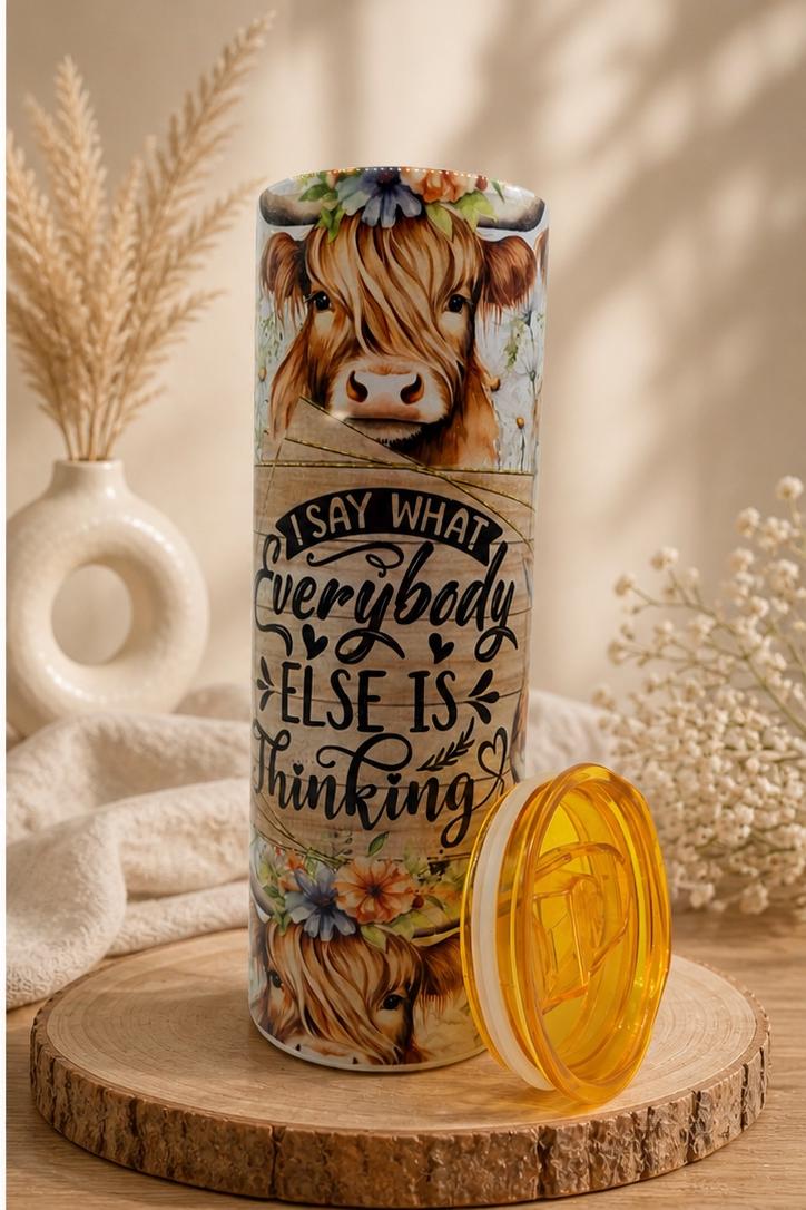 Stainless steel tumbler with highland cow floral print, yellow lid (open)