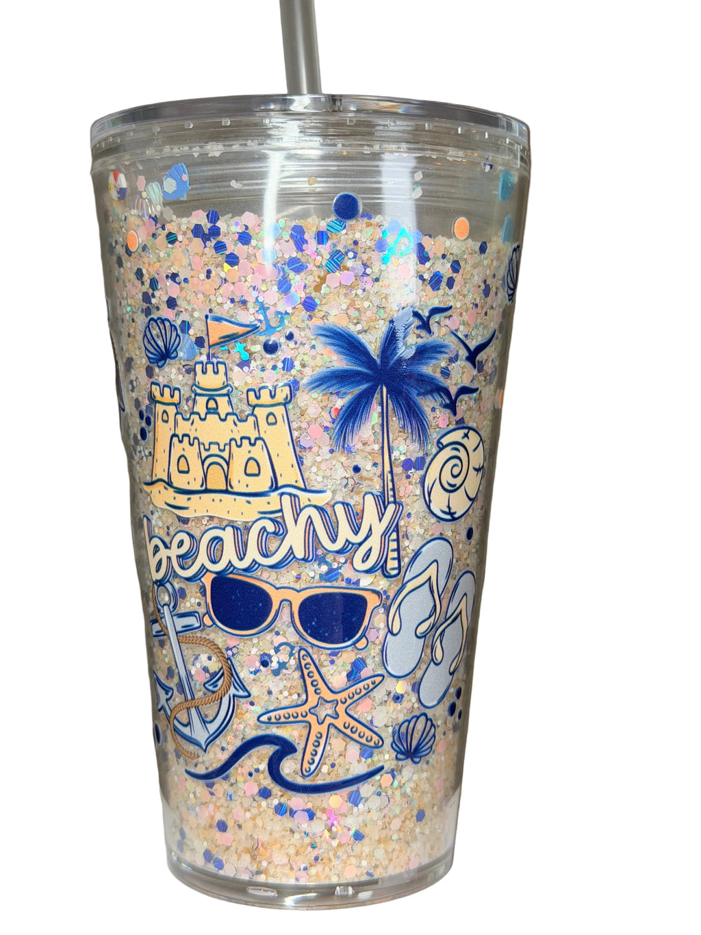 16oz acrylic beach cup, clear glitter with blue palm and 'beachy' signage, straw lid