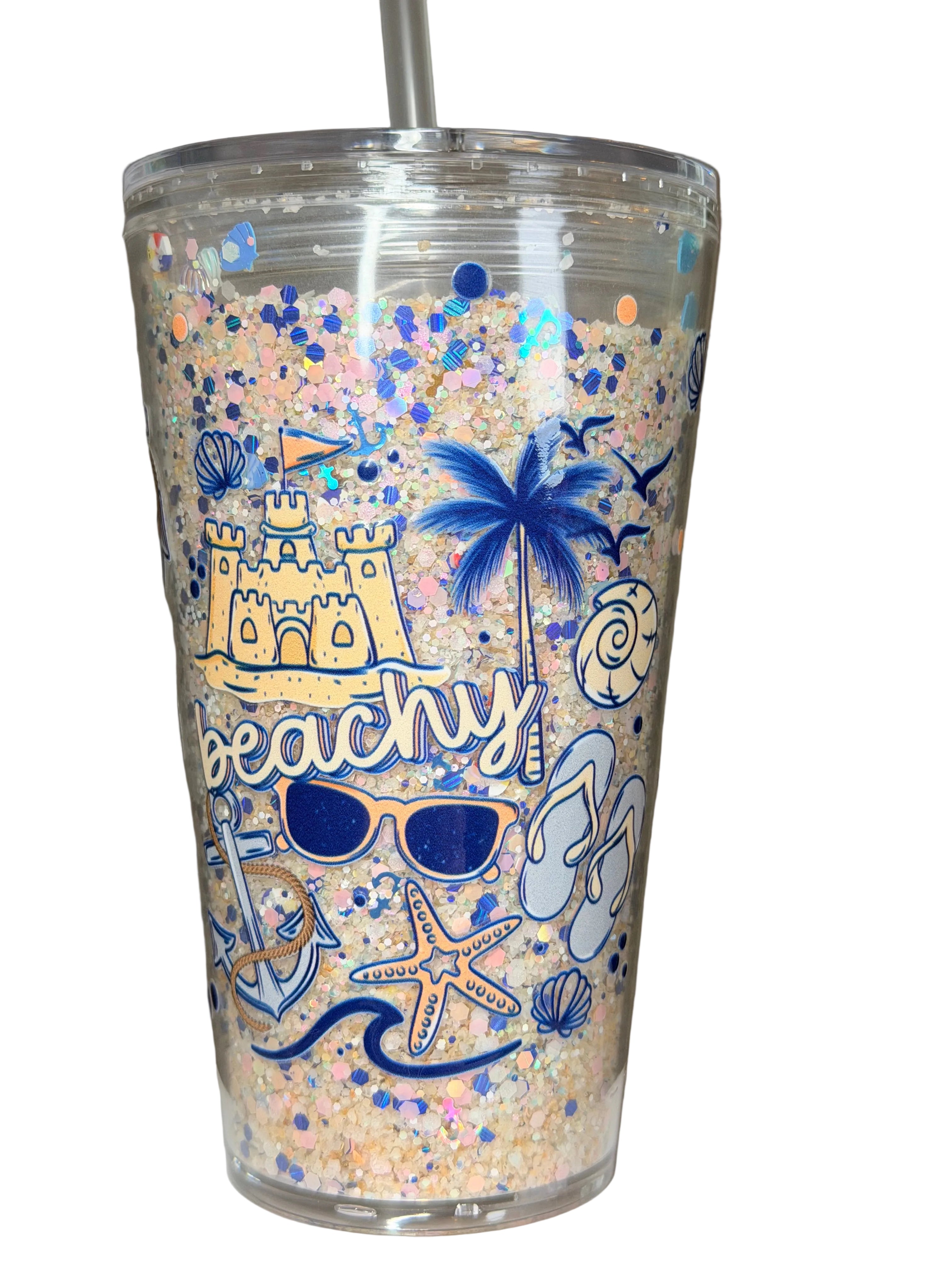 16oz acrylic beach cup, clear glitter with blue palm and 'beachy' signage, straw lid