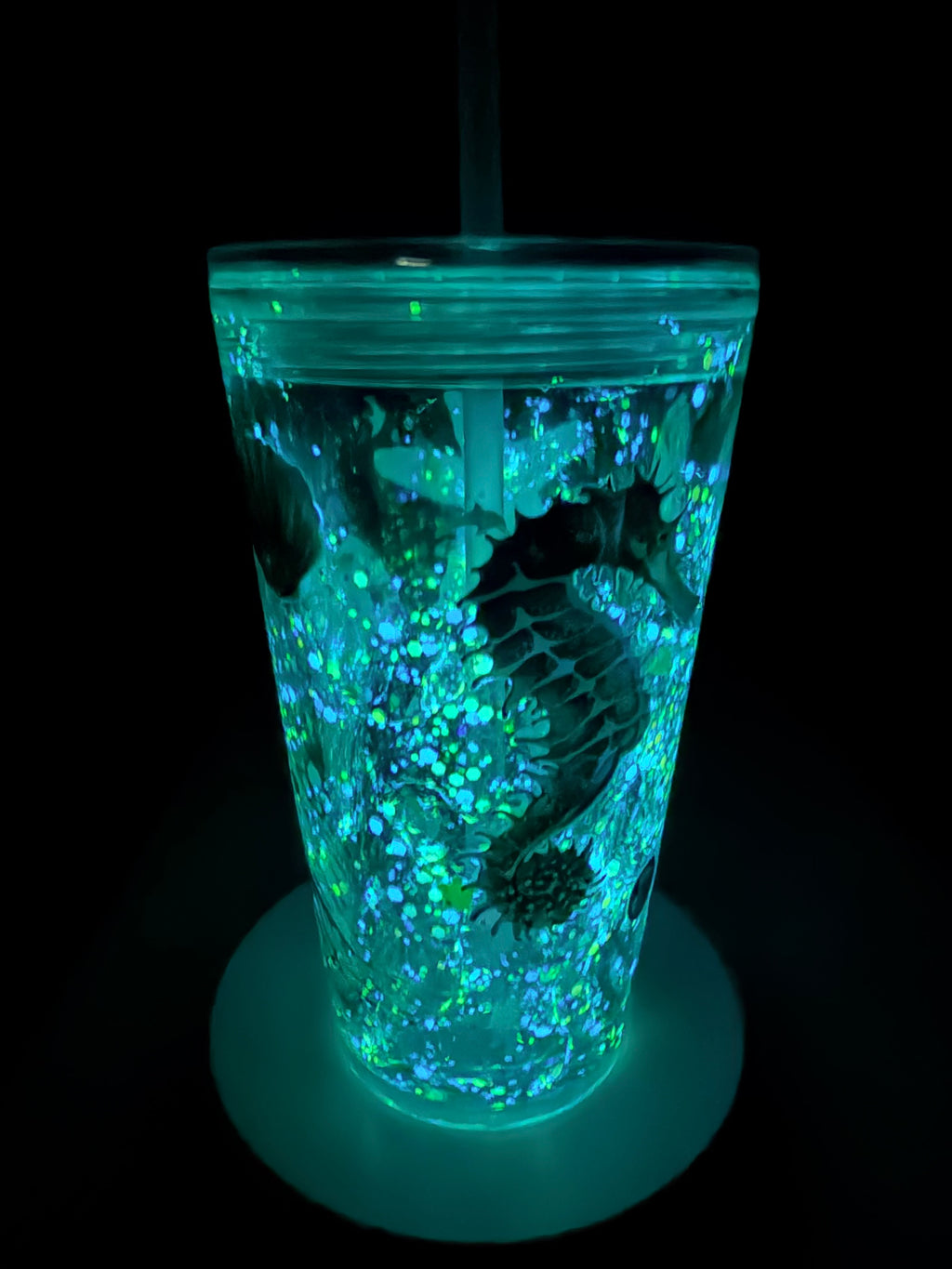 16oz acrylic tapered ocean glow tumbler, bright teal glow with seahorse and glitter decals