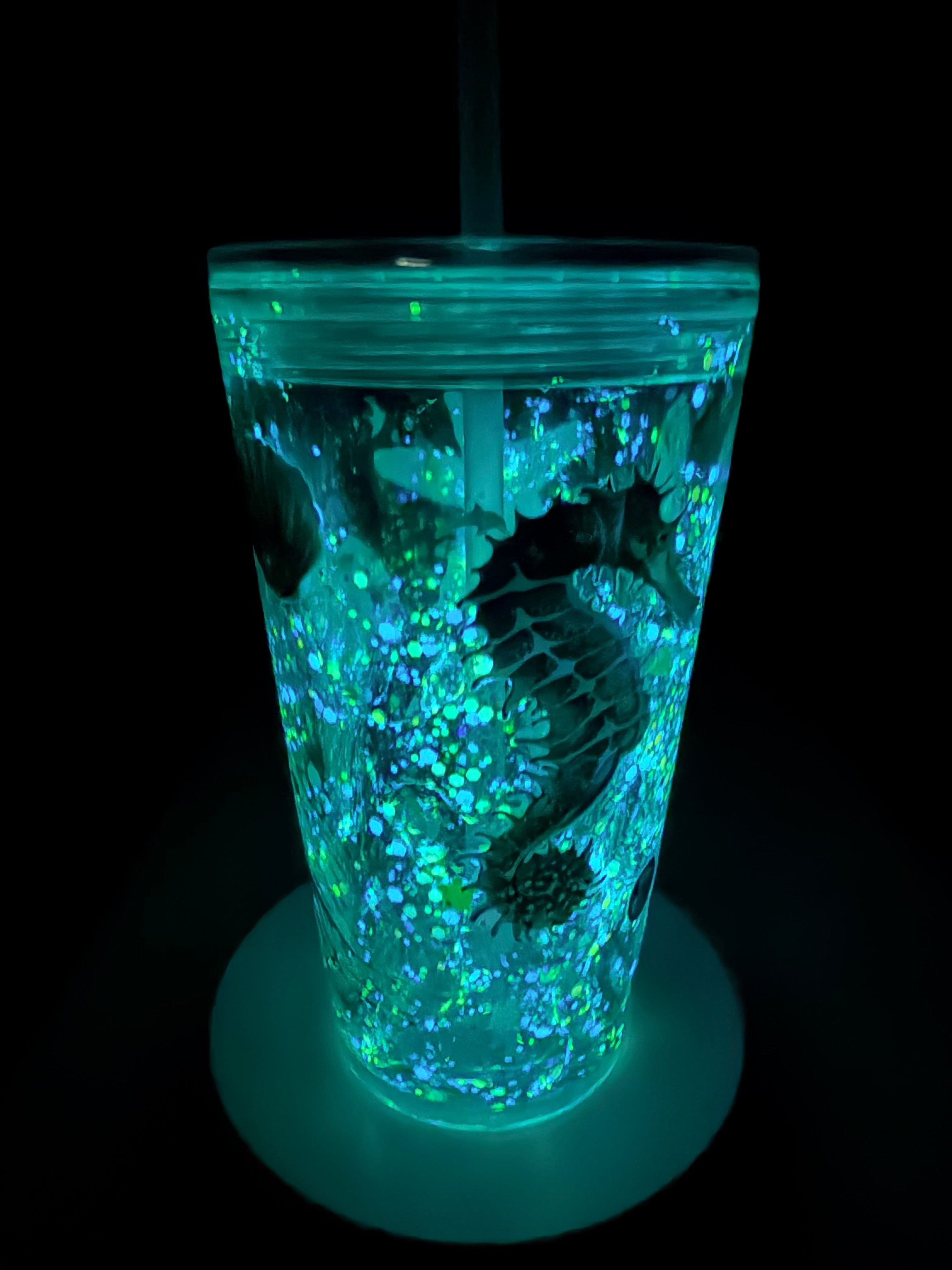16oz acrylic tapered ocean glow tumbler, bright teal glow with seahorse and glitter decals